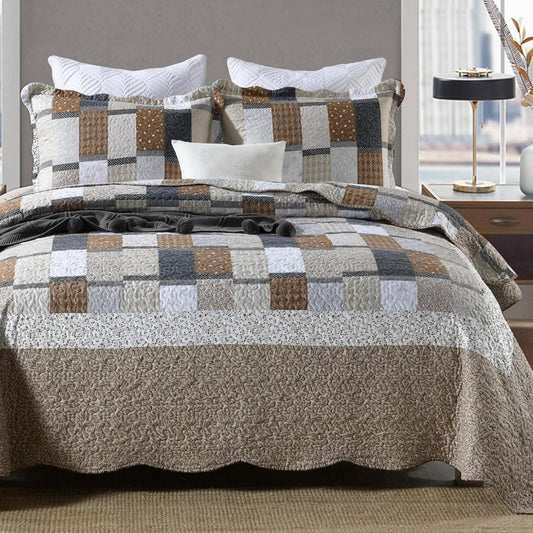 ENJOHOS 3PC Queen Quilt Sets with Shams Navy and Brown Blocks Patchwork Quilt Lightweight Reversible Bed Coverlet All Season Bedspread for Queen Bed Patch Plaid Daybed Bedding (Multi Patch)