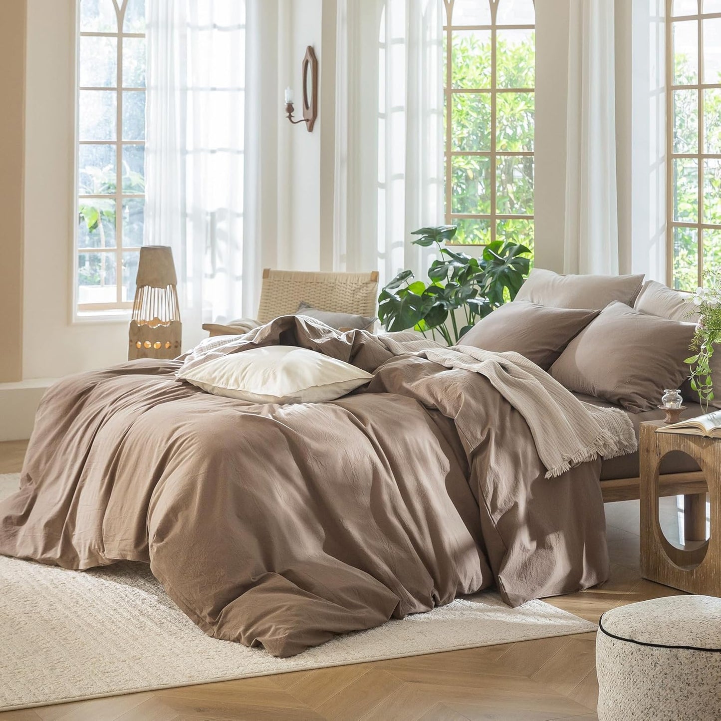 MooMee Bedding Duvet Cover Set 100% Washed Cotton Linen Like Textured Breathable Durable Soft Comfy (Solid Brown, Oversized Queen 98"x98")