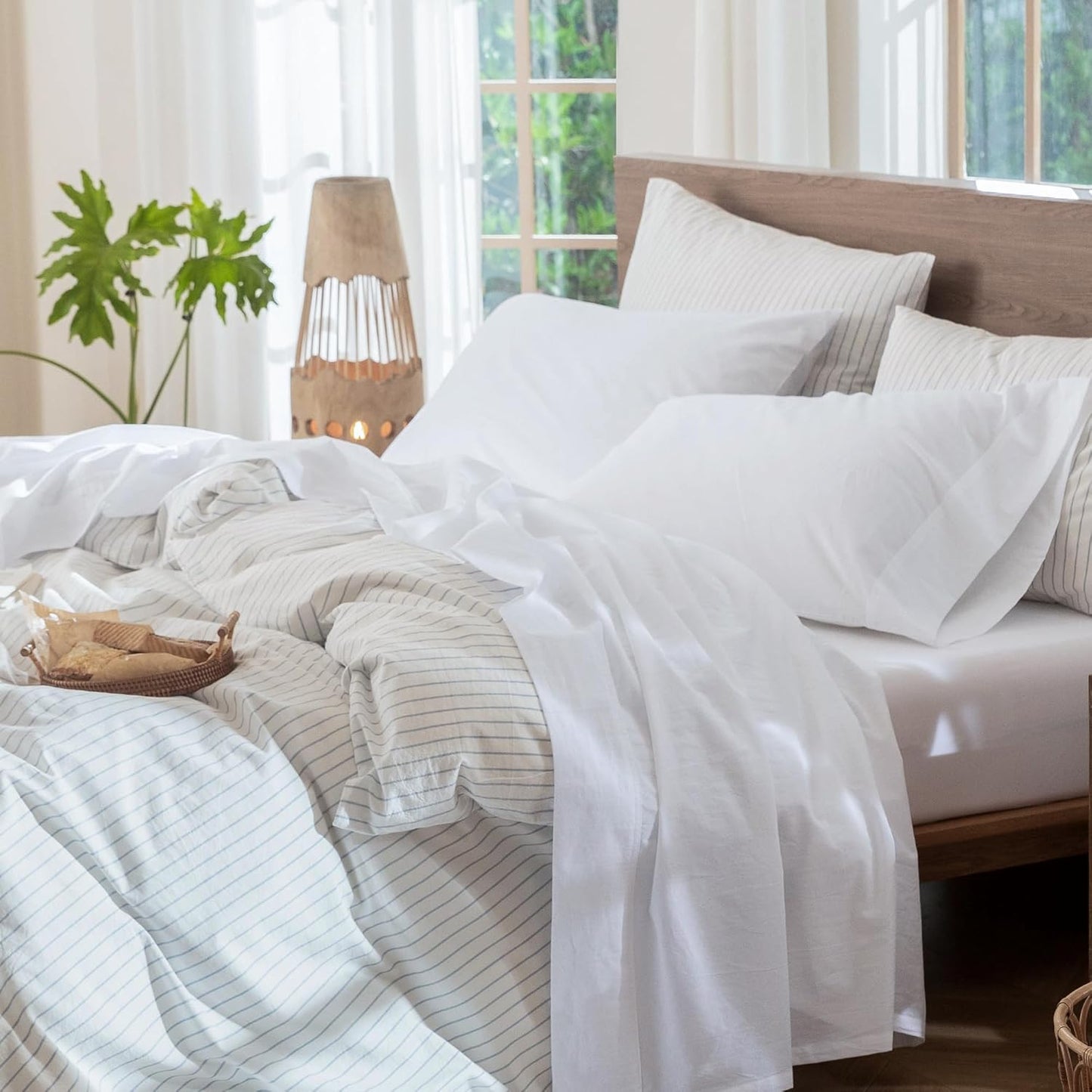 MooMee Bedding Sheet Set 100% Washed Cotton Linen Like Textured Breathable Durable Soft Comfy (Solid Bright White, Queen)
