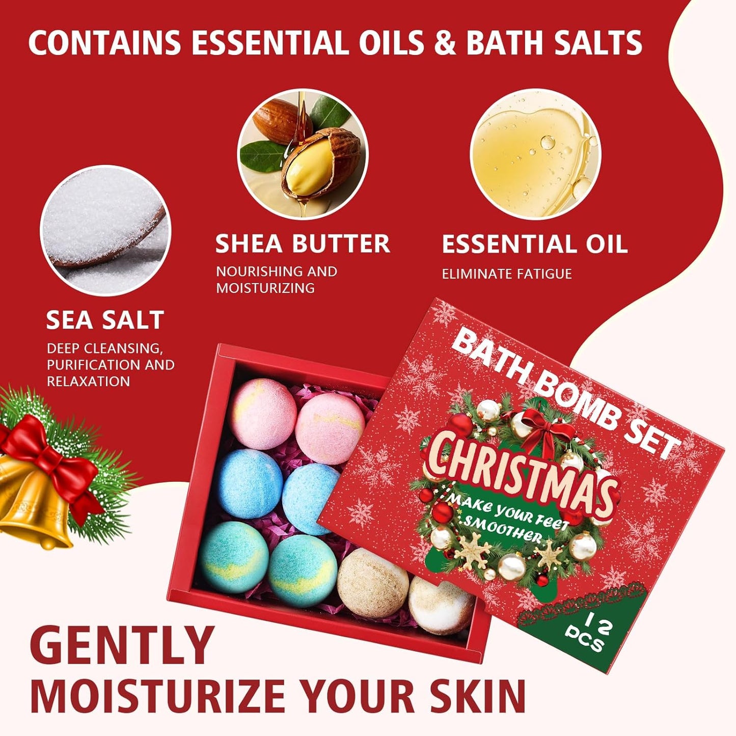 12-Pack Bath Bomb Set for Men & Women, Christmas Aromatherapy Spa Bombs with Essential Oils, Giftable Bath Essentials for Relaxation & Self Care