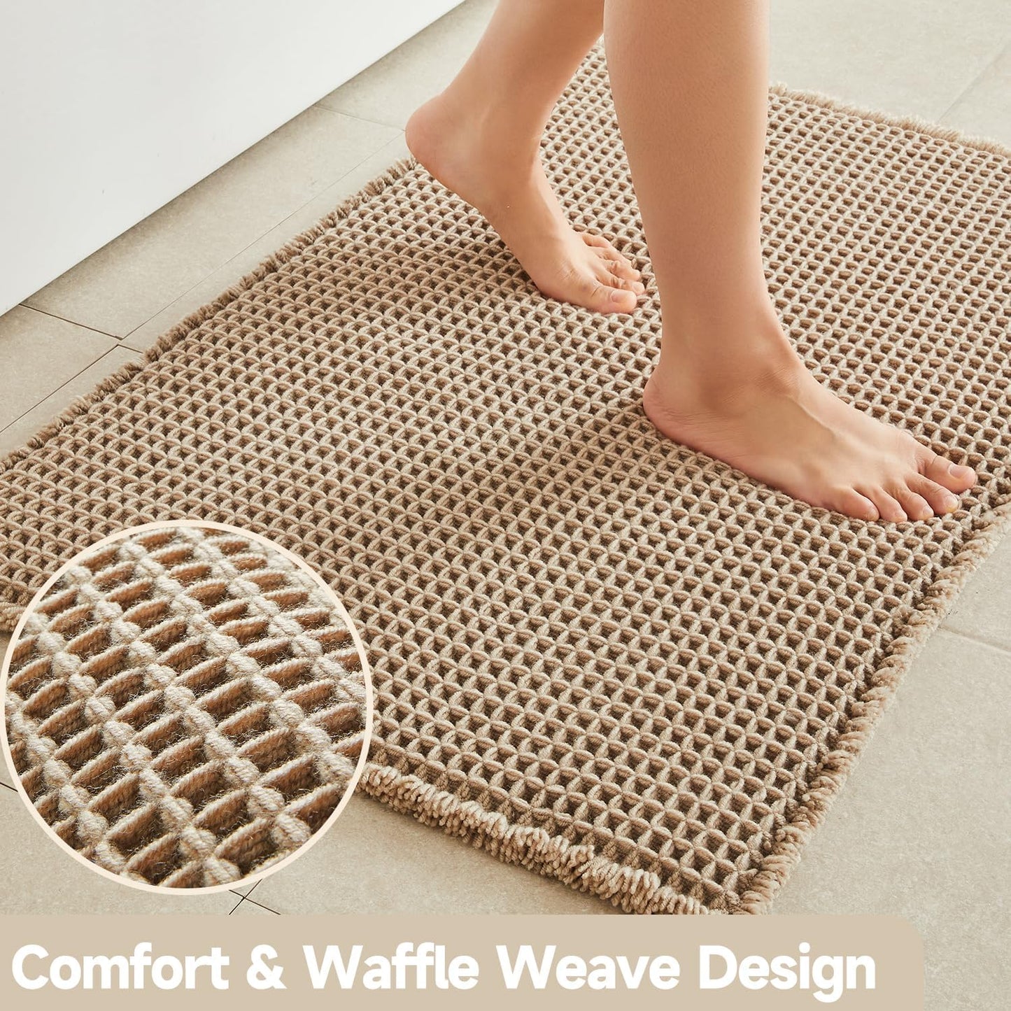 Waffle Runner Rug Bathroom, Long Boho Bathroom Rugs Non Slip Washable Super Absorbent Quick Dry Farmhouse Bath Decor, 60"x24" Beige