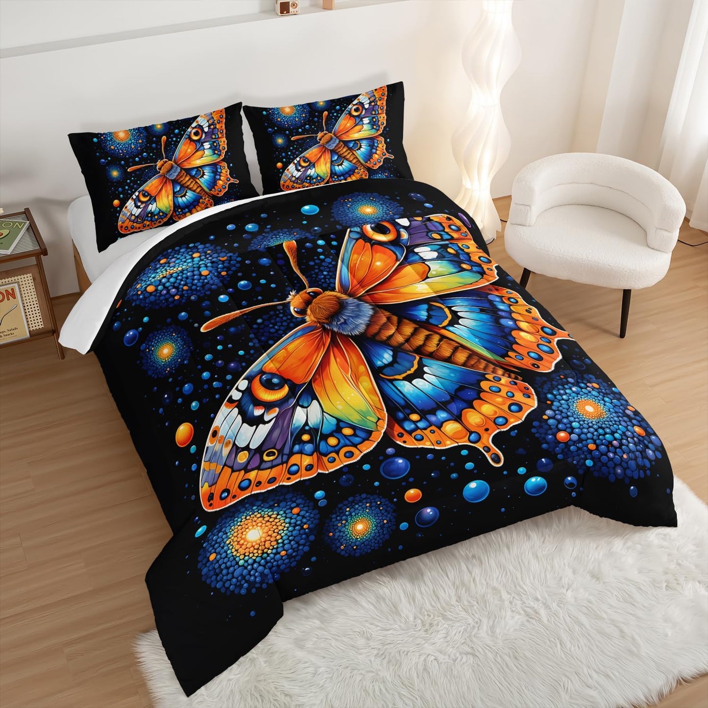 Gothic Butterfly Bedding Set King Size,Colorful Granular Ball Printed Bedding Comforter Sets,Insect Themed Comforter Set for Kids Girls Boys,Aesthetic Bedding Sets with 2 Pillowcases.