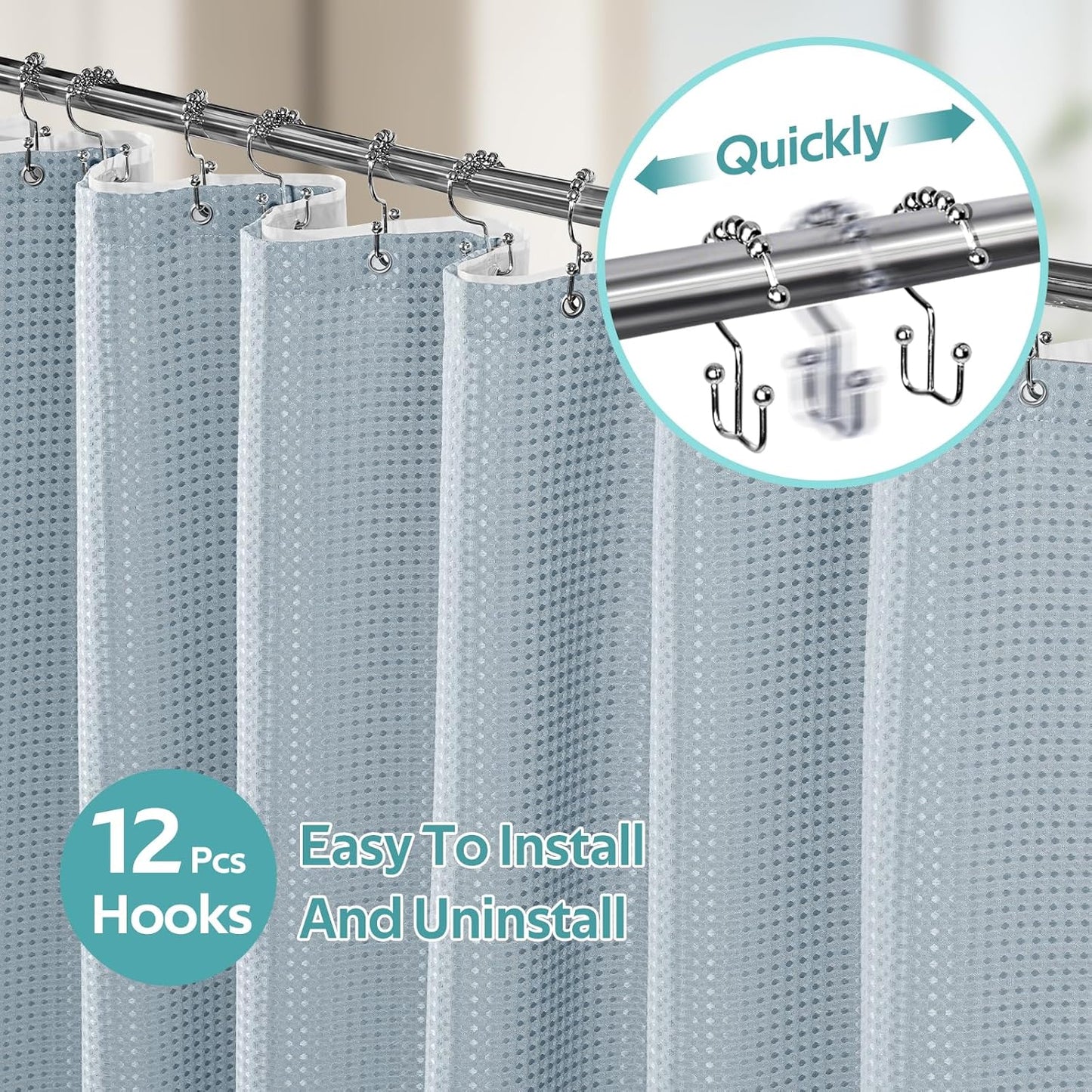 3 in 1 Shower Curtain Set, Waffle Shower Curtain and Liner Set with 12 Double Sided Shower Curtain Hooks, 258GSM Luxury Weighted Cloth Shower Curtains for Bathroom, 72 W x 72 H, Fog Blue