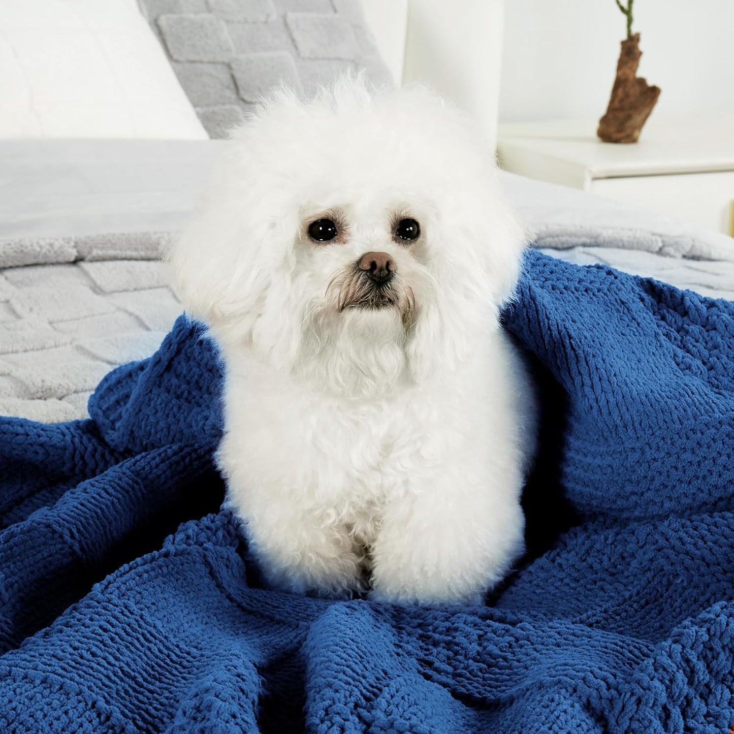 Amélie Home Checkered Chenille Knit Throw Blanket for Couch, Classic Texture Decorative Soft Blanket for Sofa, Chair & Bedroom, 50"x60", Blue