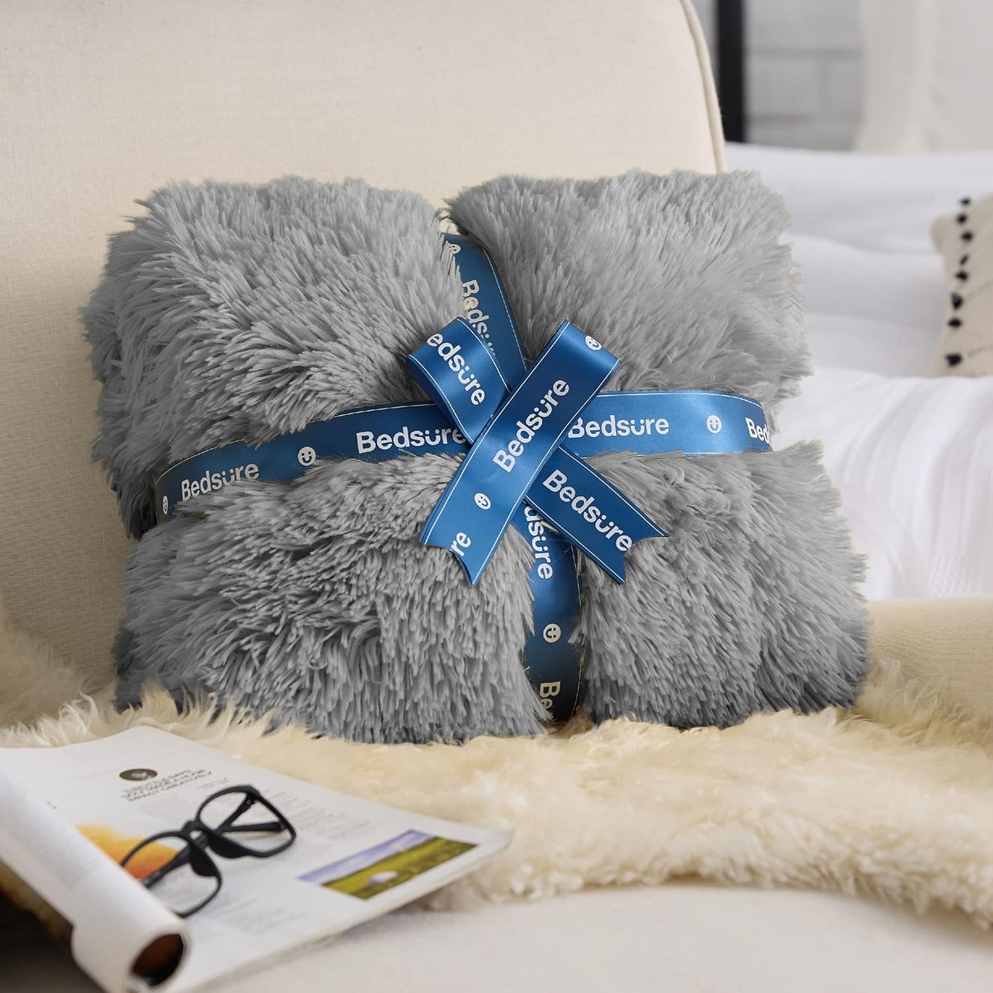 Bedsure GentleSoft Fluffy Grey King Size Blanket for Bed, Thick Soft Sherpa Faux Fur Fleece Bedding Fuzzy Plush Winter Warm Heavy Big Large King Blanket, Cozy Grey Gifts for Men Women, 108x90