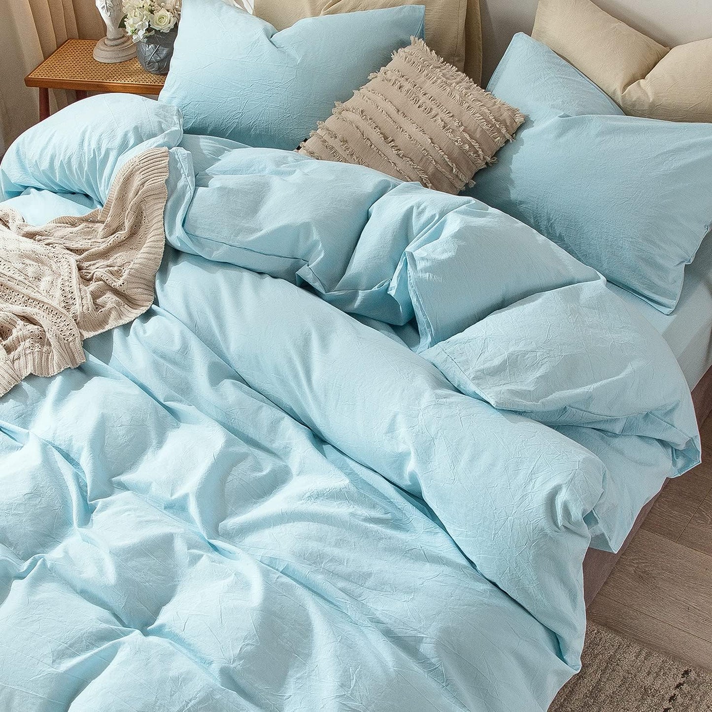 MooMee Bedding Duvet Cover Set 100% Washed Cotton Linen Like Textured Breathable Durable Soft Comfy (Heathered Light Blue, Full 80"x90")