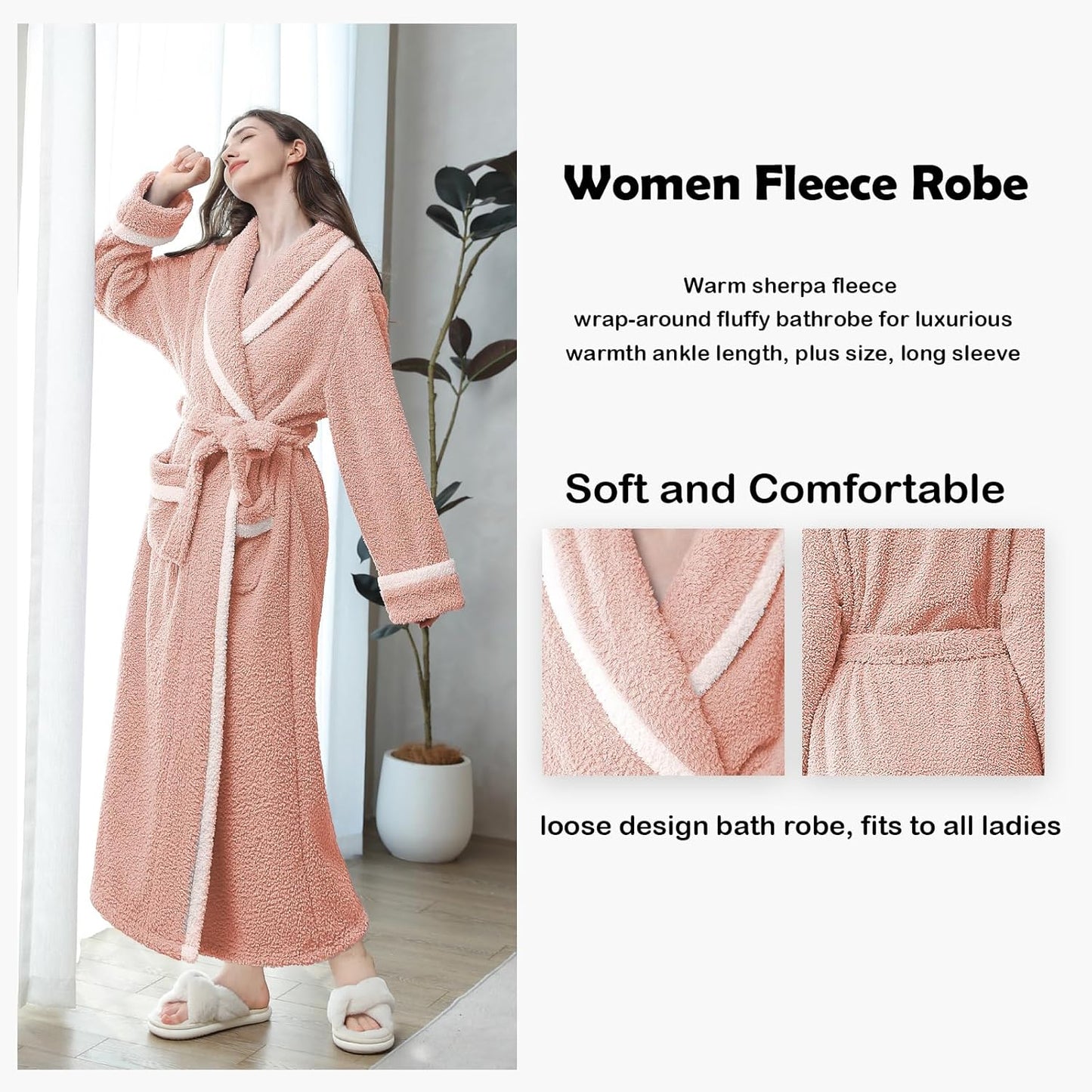 Oksun Womens Long Fleece Robe: Soft Fluffy Warm Bathrobe - Cozy Winter Housecoat Nigthgown with Chic Piping