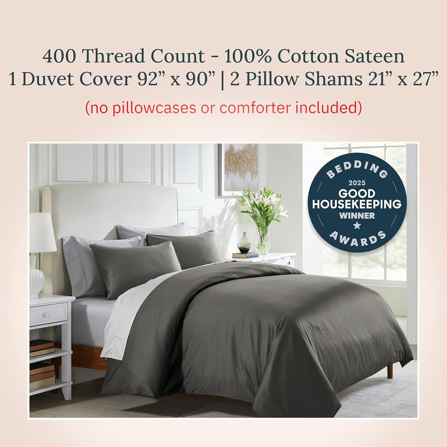California Design Den 3 Pc Full/Queen Size Duvet Cover Set - Winner Good Housekeeping Best Bedding Awards 2025, 400 Thread Count Sateen, 100% Cotton Duvet Cover Queen,Button Closure, Corner Ties -Grey