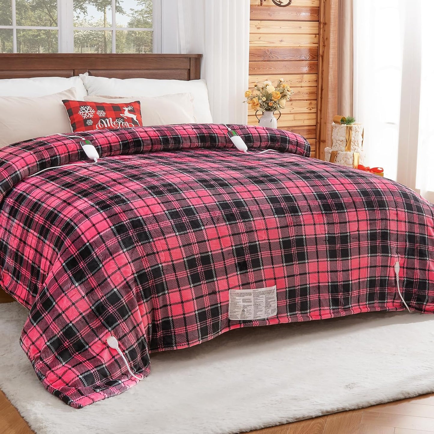 Pink Heated Blanket Electric, Queen Size 84X90, 10 Heat Levels/8 Hours Auto Off/Dual Control for Bed, Blue Plaid Checkered Sherpa Blanket Warmer for Adult, Washable Gift
