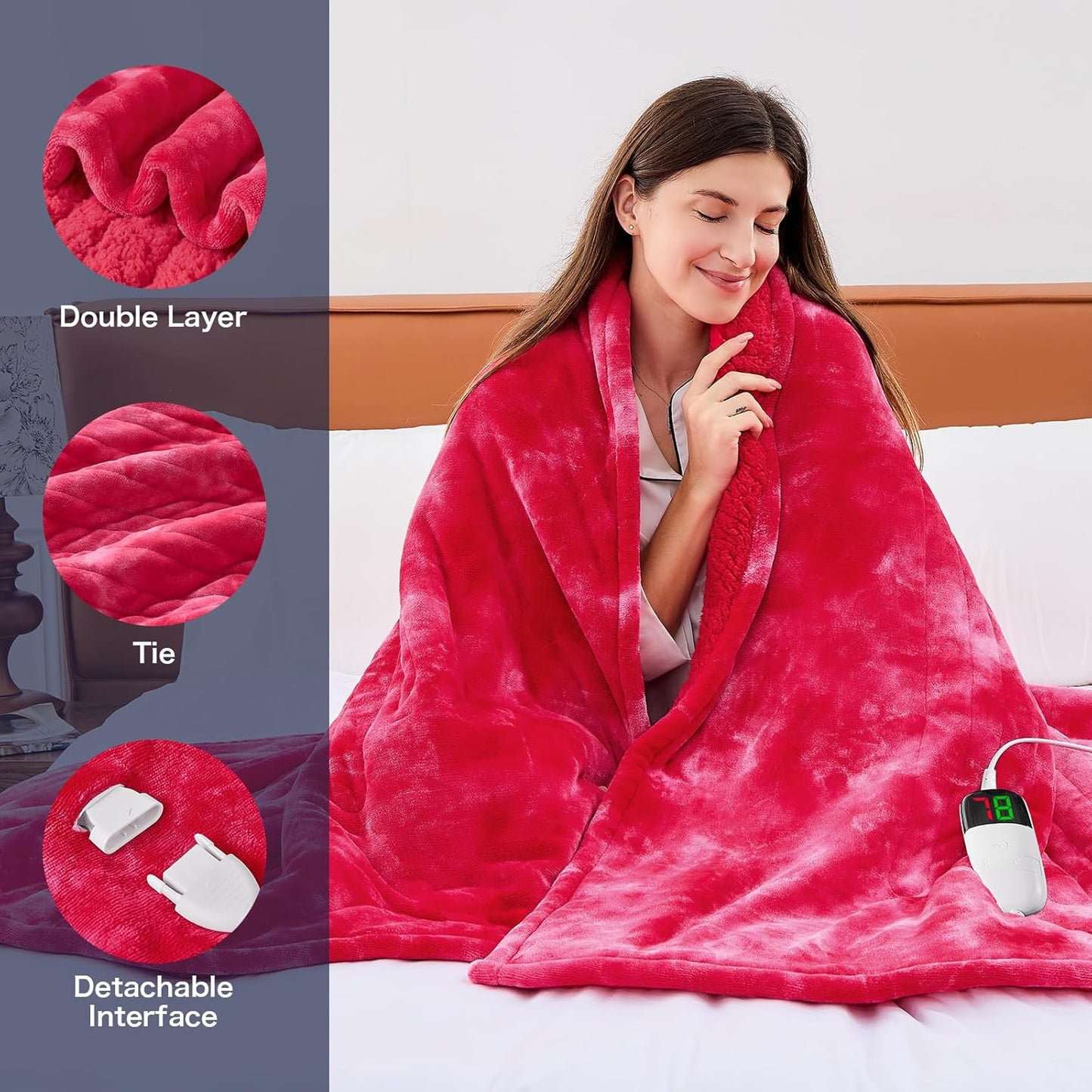 greenoak Heated Electric Blanket Throw, Faux Fur Sherpa Heating Blanket for Sofa Bed, Warm Winter Gifts for Mom/Grandma, Heater Lap Blankets 5-Position Timer &10 Heating Levels 50''*60" Red