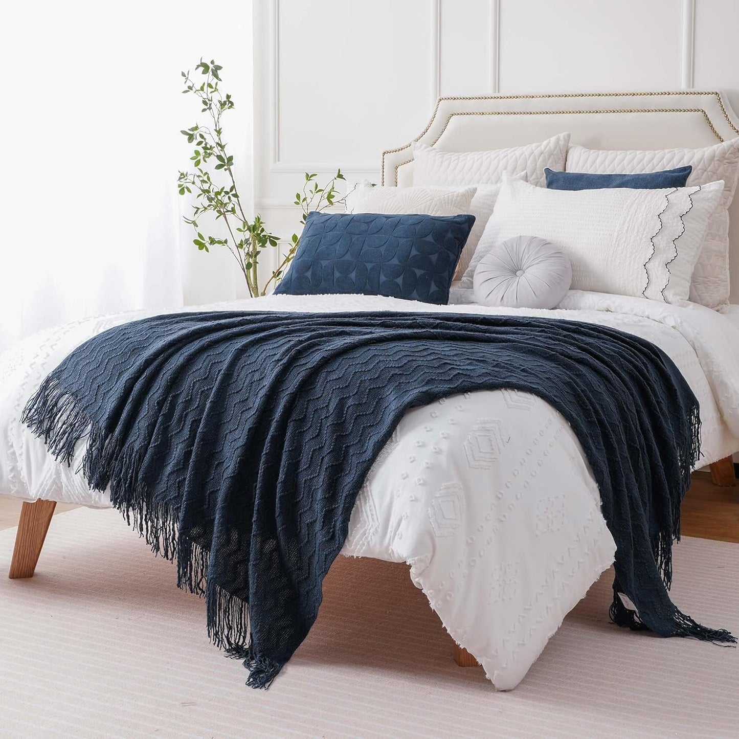 BATTILO HOME Navy Blue Throw Blanket for Couch, Textured Soft Navy Throw, Decorative Knitted Navy Blanket Throw for Sofa Bed Living Room, 50"x60"