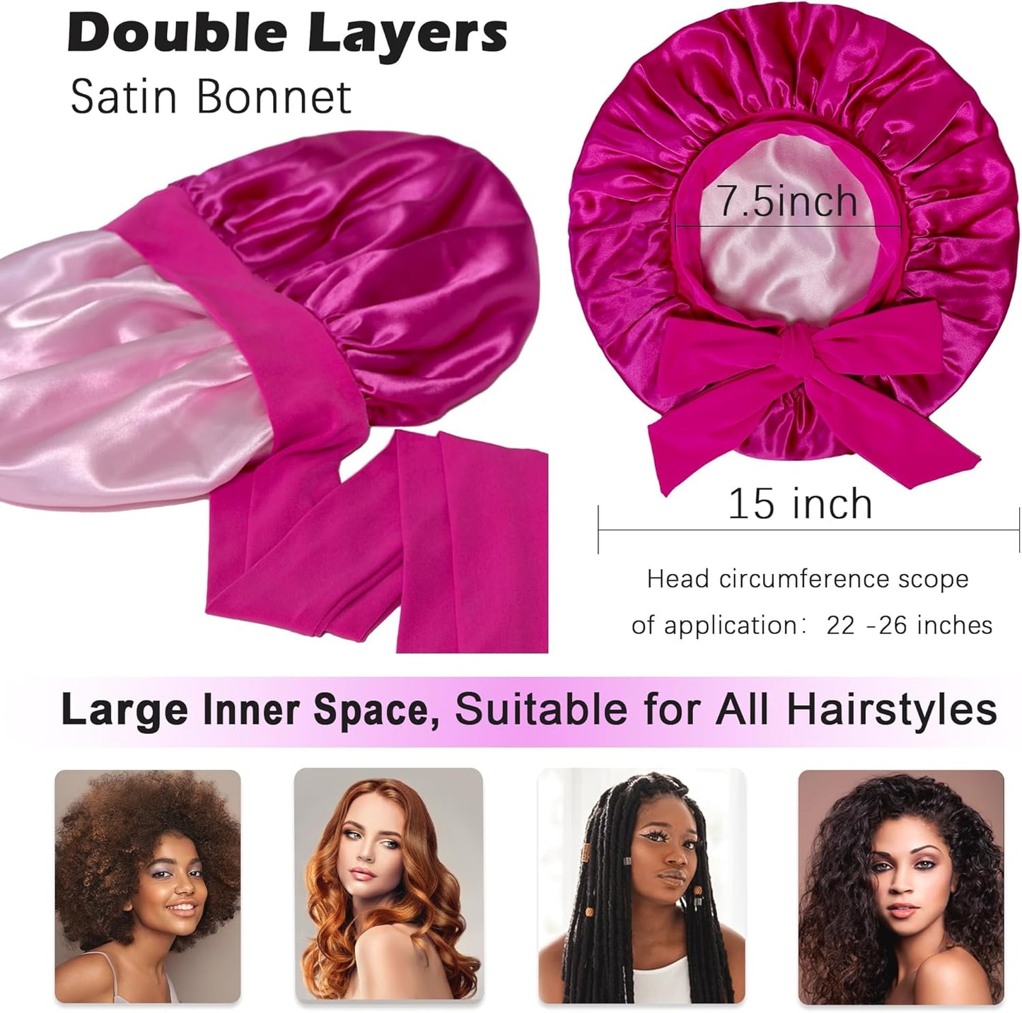 Satin Bonnet with Tie Band,Silk Hair Bonnet for Sleeping Women,Bonnets for Women,Double Layer Sleep Cap for Braids Curly Hair