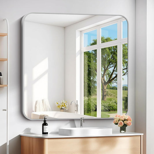 42" x 42"Bathroom Mirror, Silver Wall Mirror with Metal Frame, Decorative Rectangular Vanity Mirror for Bedroom Bathroom Living Room Entryway (Horizontal/Vertical)