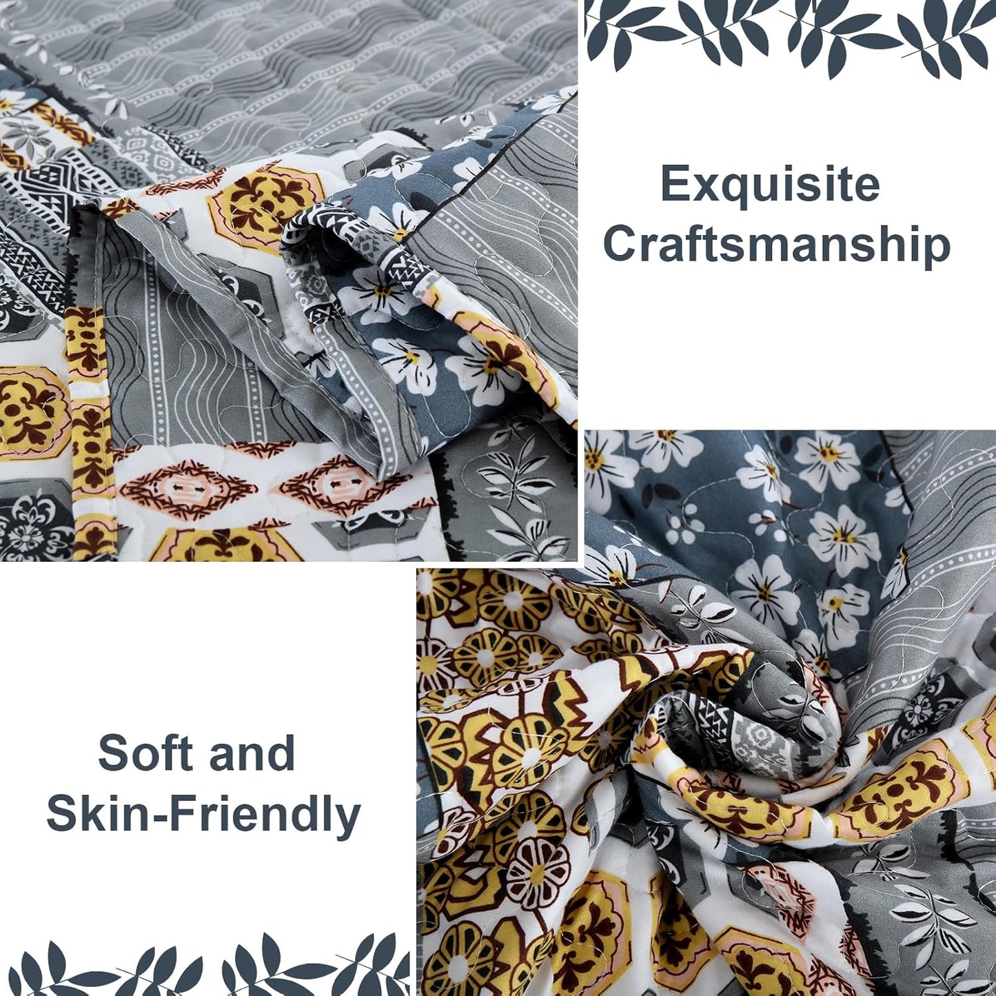Mybedsoul Dark Grey Quilt Set King Size, 3 Pieces Plaid Floral Bedspread Set Patchwork Reversible Bedding Set Microfiber Lightweight Bedspread Coverlet Set for All Season 110"x90"