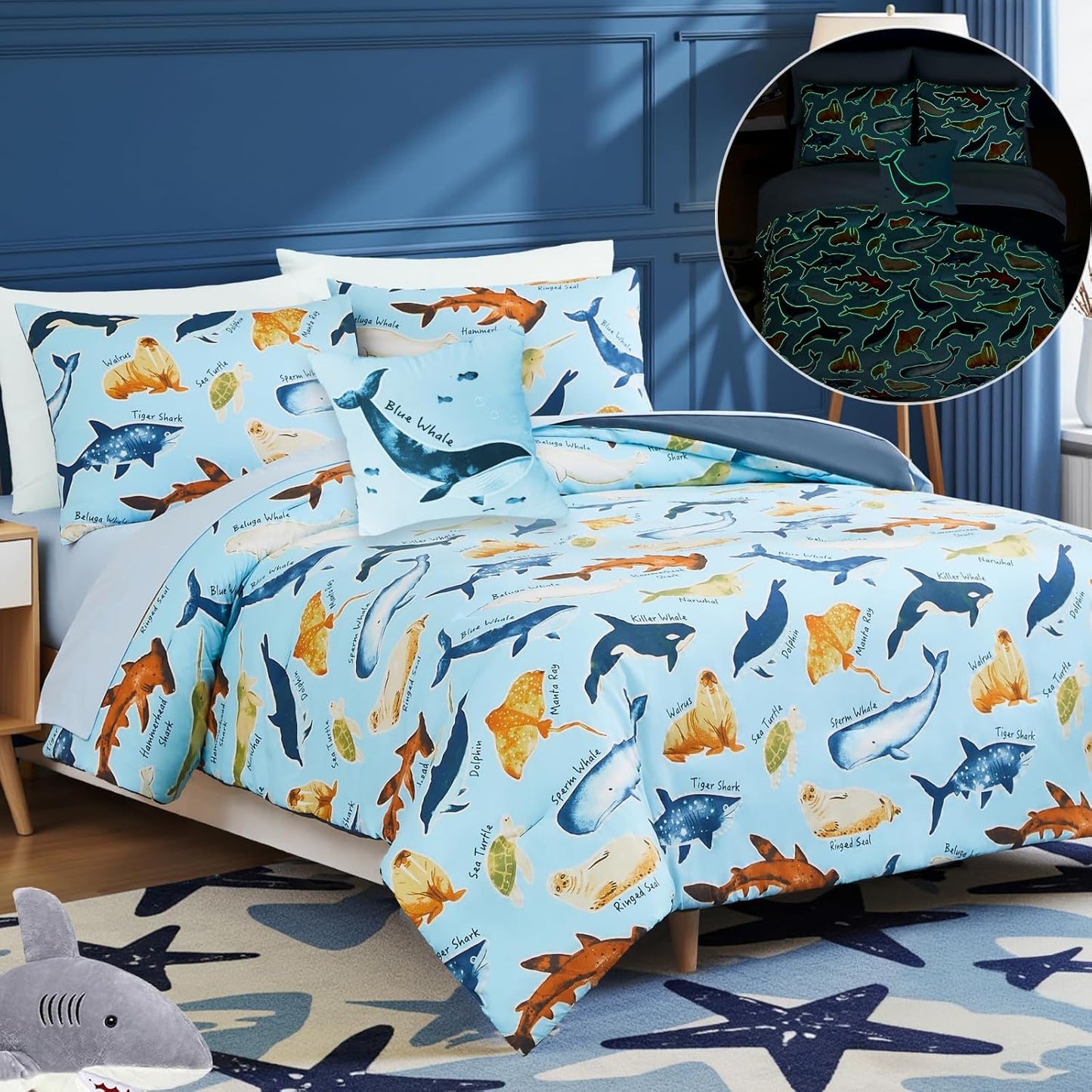 Kids Comforter Set Full Size for Boys, Glow in The Dark Sea World Bedding Set 1 Comforter, 1 Decor Pillow, 2 Pillow Shams
