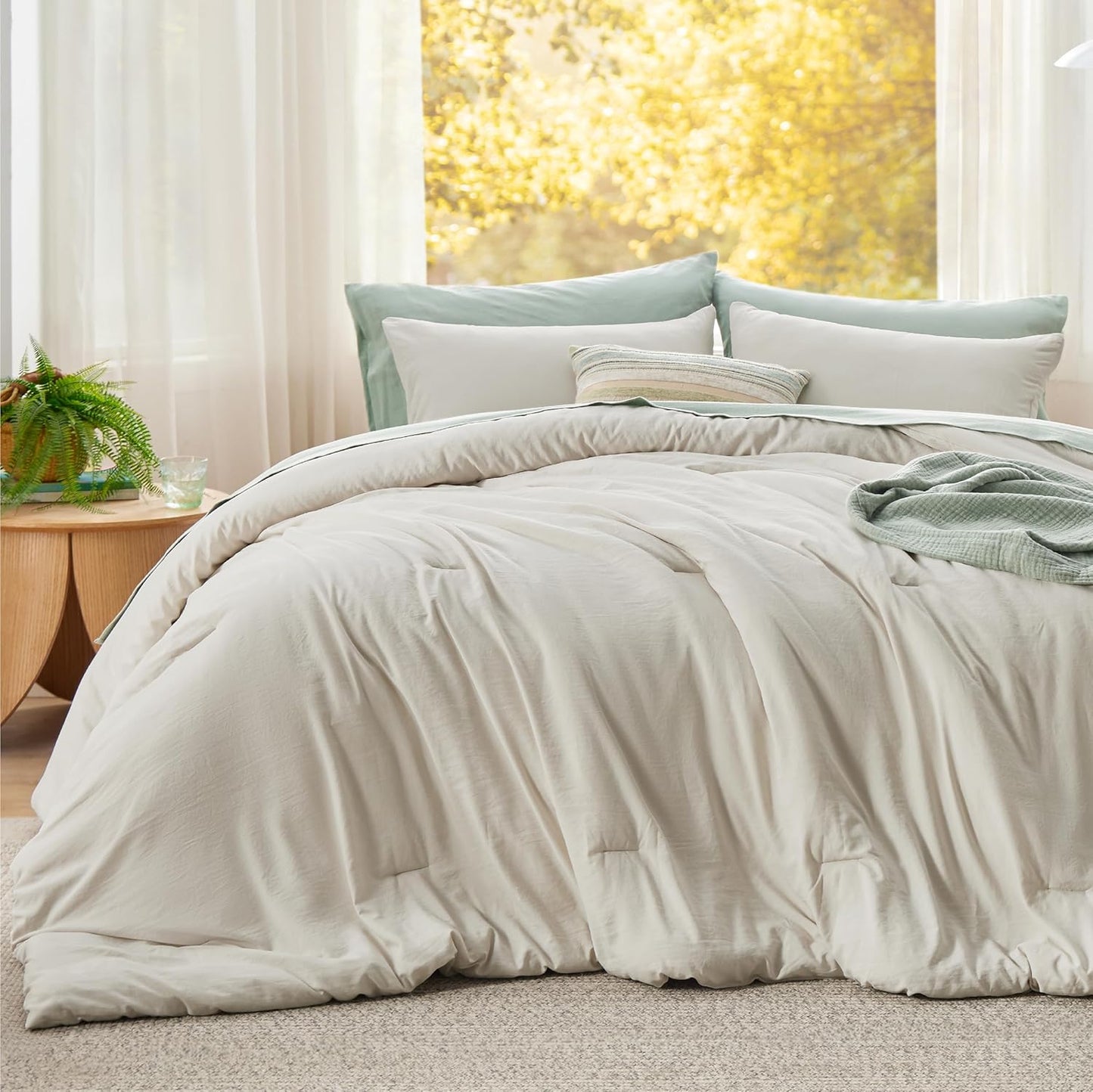 Bedsure Super King Plus Size Comforter Set, Beige Soft Prewashed Bedding for All Seasons, 3 Pieces GentleSoft™ Bed Set, 1 Lightweight Comforter (128"x120") and 2 Pillowcases (20"x36")