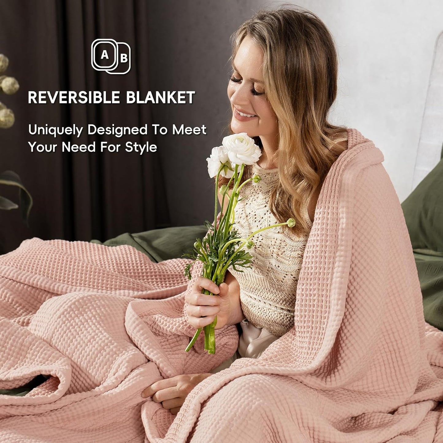 PHF 100% Cotton Waffle & Muslin Blanket King Size, Soft Breathable Luxury 400GSM Versatile Reversible Bedding for Bed, Great for Layering in Cold Weather, Home Decor Gift, 104" x 90", Rose Smoke