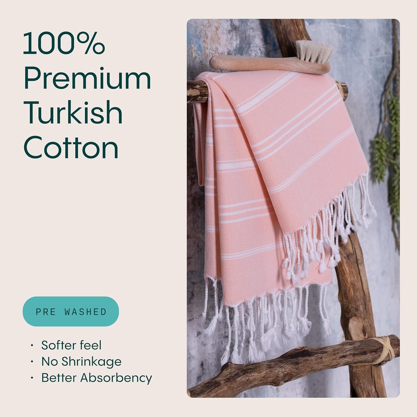 WETCAT Turkish Hand Towels with Hanging Loop, Set of 2 (20" x 30") 100% Turkish Cotton, Pre-Washed, Quick Drying, for Kitchen or Bathroom - Peach