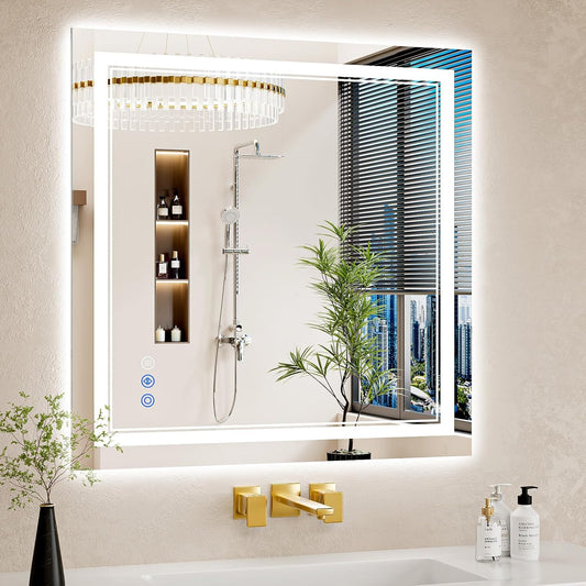 30"x30" LED Bathroom Mirror with Lights, Anti-Fog, Backlit + Front Lit, Dimmable, Led Vanity Mirror for Wall, Lighted Bathroom Mirror,3 Colors, Shatter-Proof Tempered Glass