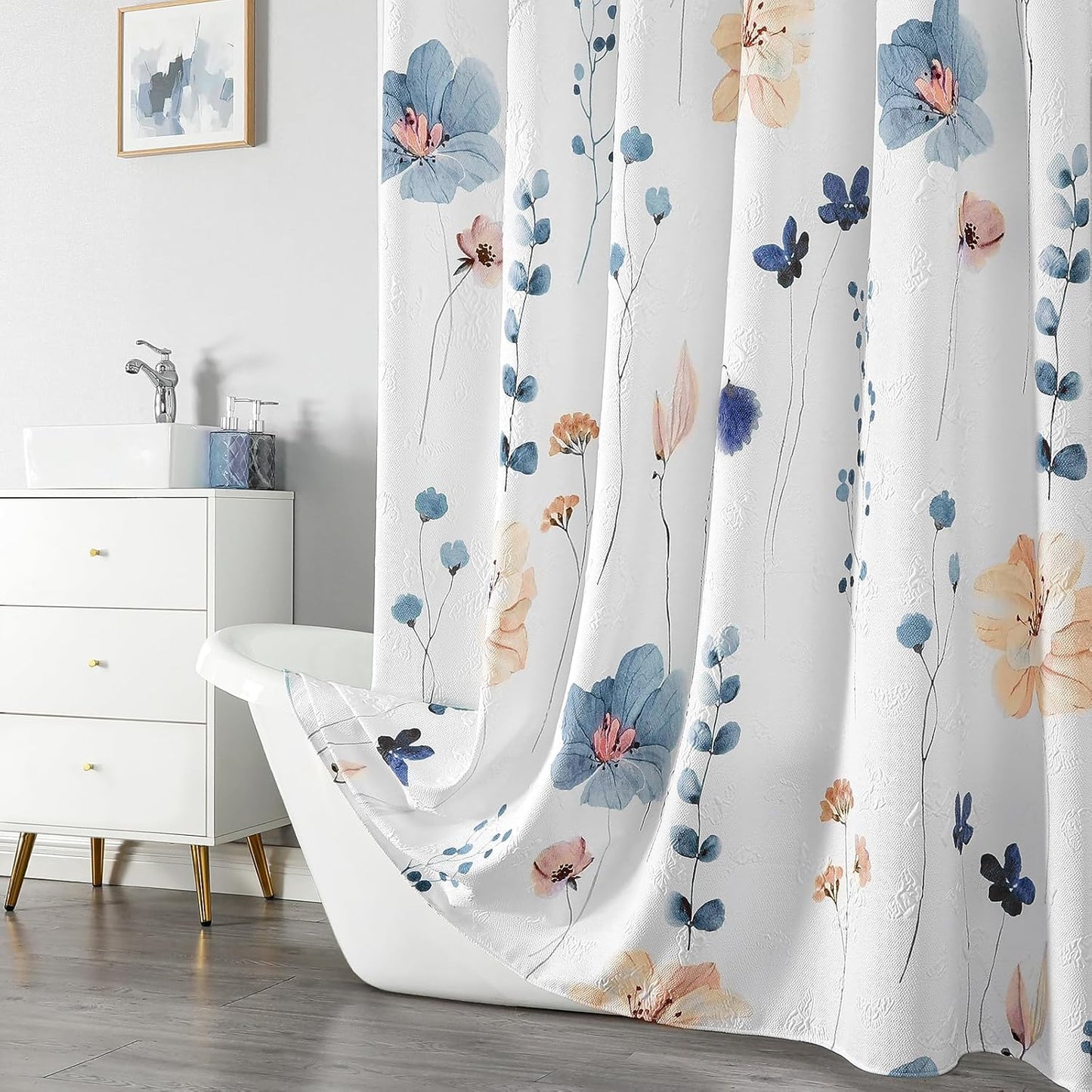 QiyI Extra Long Shower Curtain 72 x 84, Modern Watercolor Floral Shower Curtains, 3D Embossed Textured Beige Flower Cloth Bathroom Curtain, Waterproof Fabric Farmhouse Shower Curtain Set with Hooks