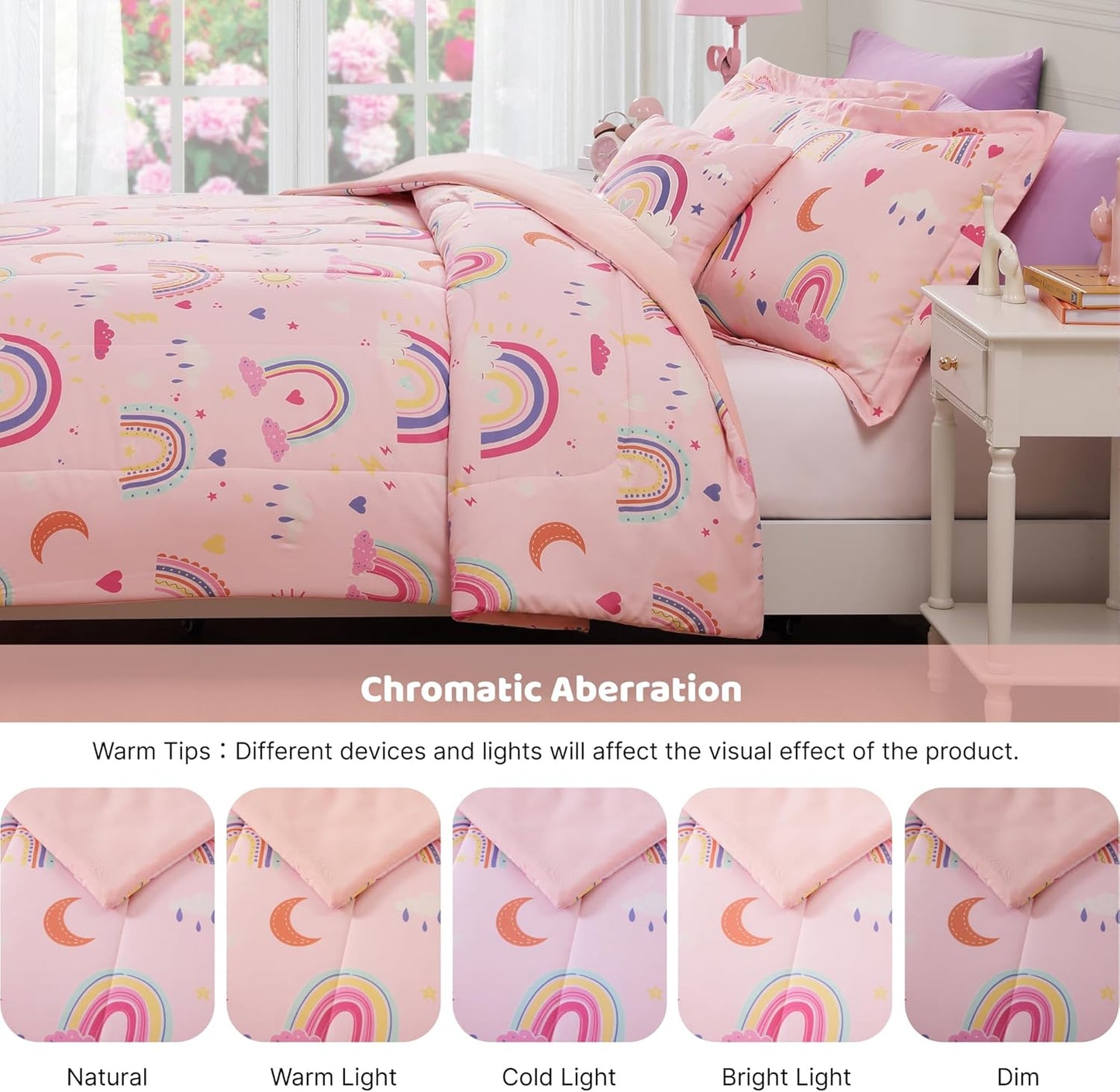 Glow in The Dark Kids Comforter Set Full Size for Girls, Pink Rainbow Bedding Set 1 Comforter, 1 Decor Pillow, 2 Pillow Shams