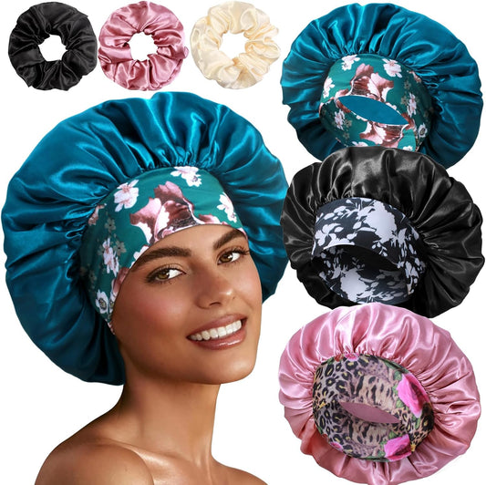 3+3 Large Satin Bonnets with Scrunchies for Women, Wide Band Hair Bonnet for Sleeping Braids Curly Hair