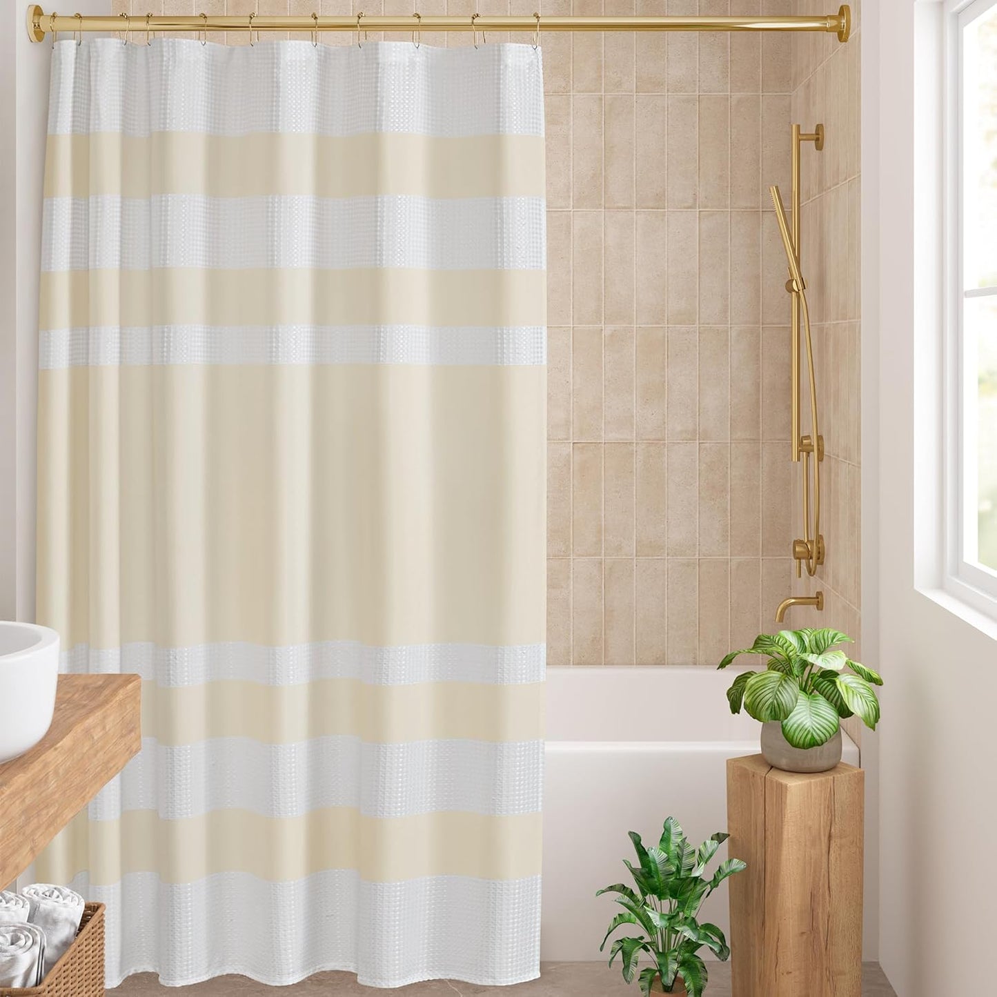 Madison Park Shower Curtain Spa Waffle Weave Wide Shower Curtain for Bathroom 3M Scotchgard Moisture Management, Spa Quality Modern Shower Curtains for Bathroom, Extra Width: 108"x72" Cream