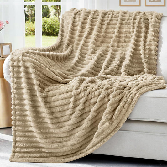 decorUhome Christmas Soft Fleece Light Brown Twin Blanket for Bed, Cozy Fluffy Plush Flannel Striped Throws for Couch Sofa, Lightweight Decorative Ribbed Fuzzy Blanket for Woman, 60x80 Inches