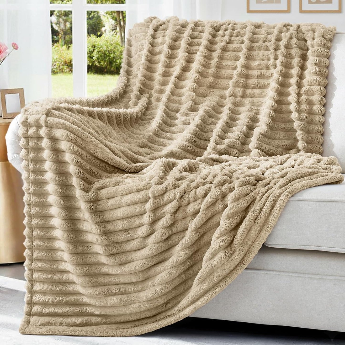 decorUhome Christmas Soft Fleece Light Brown Blanket Queen Size for Bed, Cozy Fluffy Plush Flannel Large Striped Throws for Couch Sofa, Lightweight Decorative Fuzzy Blanket for Woman, 90x90 Inches