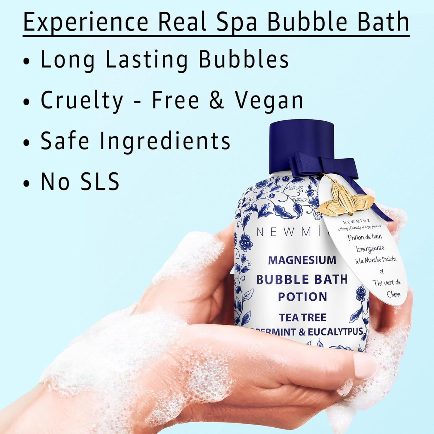 Magnesium Bubble Bath Long Lasting Foam for Sore Muscles Recovery Tea Tree Peppermint Eucalyptus Relaxing Stress Relief Calming Self Care Spa Gift