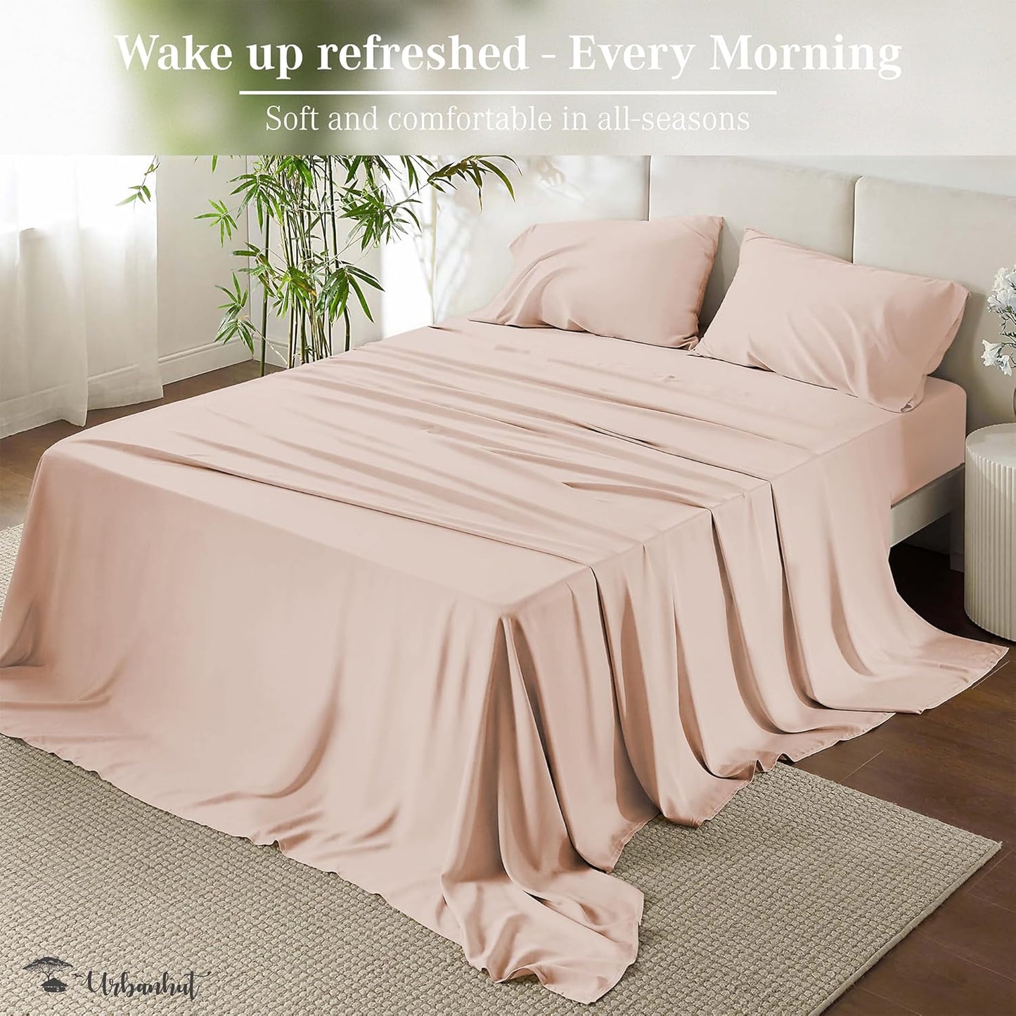 URBANHUT Egyptian Cotton Twin Sheets, 4Pc Set - Soft Luxury Sateen Weave Hotel Sheets, 14'' Deep Pocket - Blush