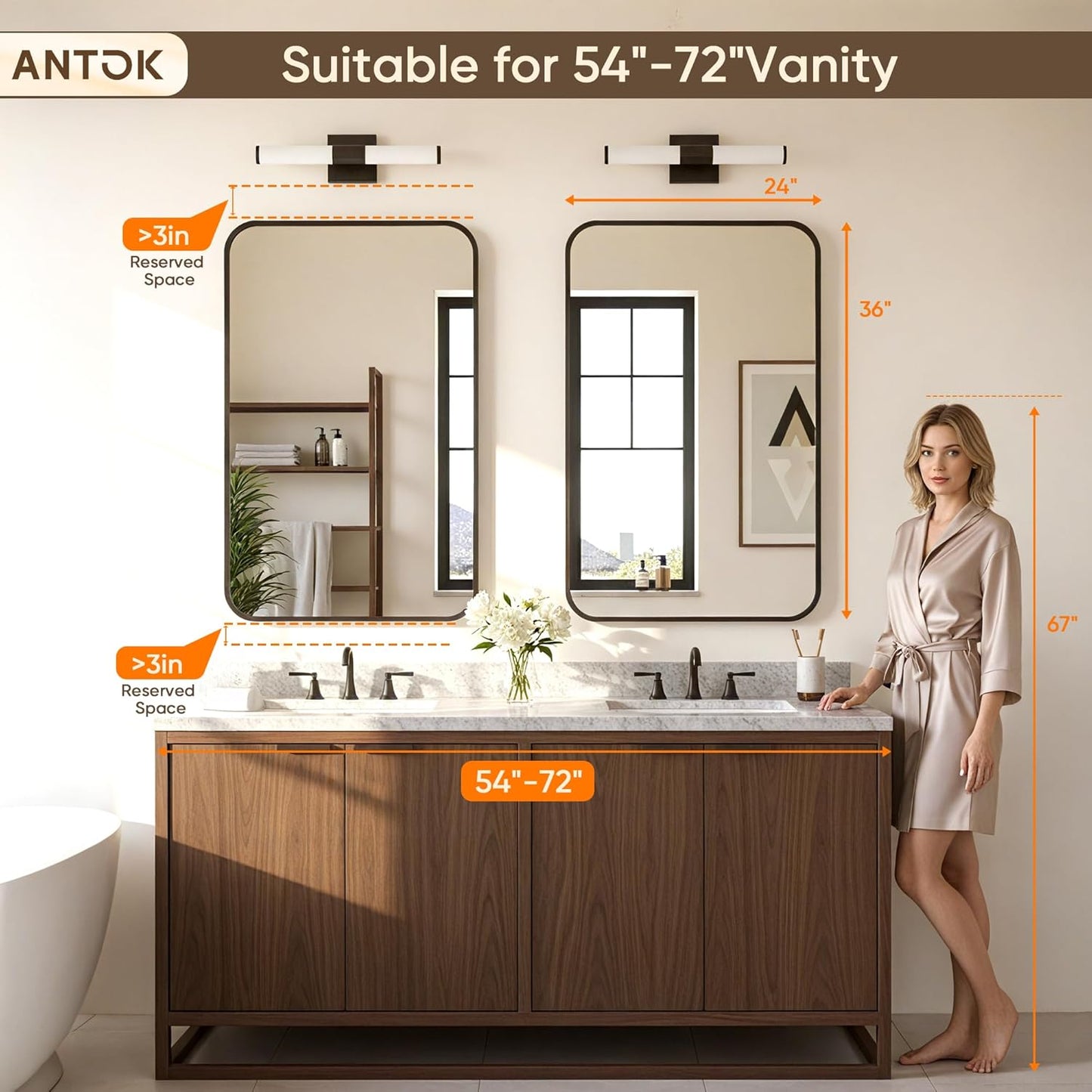 Antok 2-Pack Bathroom Mirrors, 24"x36" Double Wall Mirrors, Decorative Mirror Vanity Mirror Aluminum Alloy Frame Contemporary Hanging for Living Room Bathroom Entryway, Black