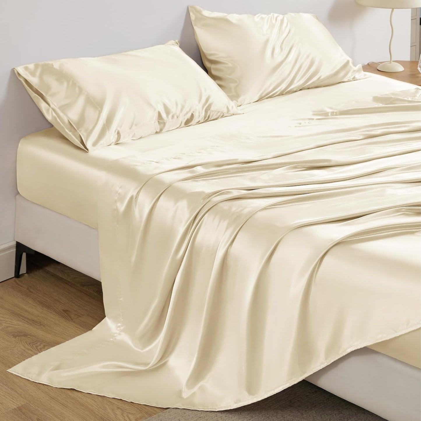 Bedsure Satin Sheets Full Size - 4 Piece Silky Bedsheets with 15 Inches Deep Pocket Fitted Bedsheet,1 Flat Sheet, 2 Satin Pillowcases, Good for Hair & Skin (Full, Cream)