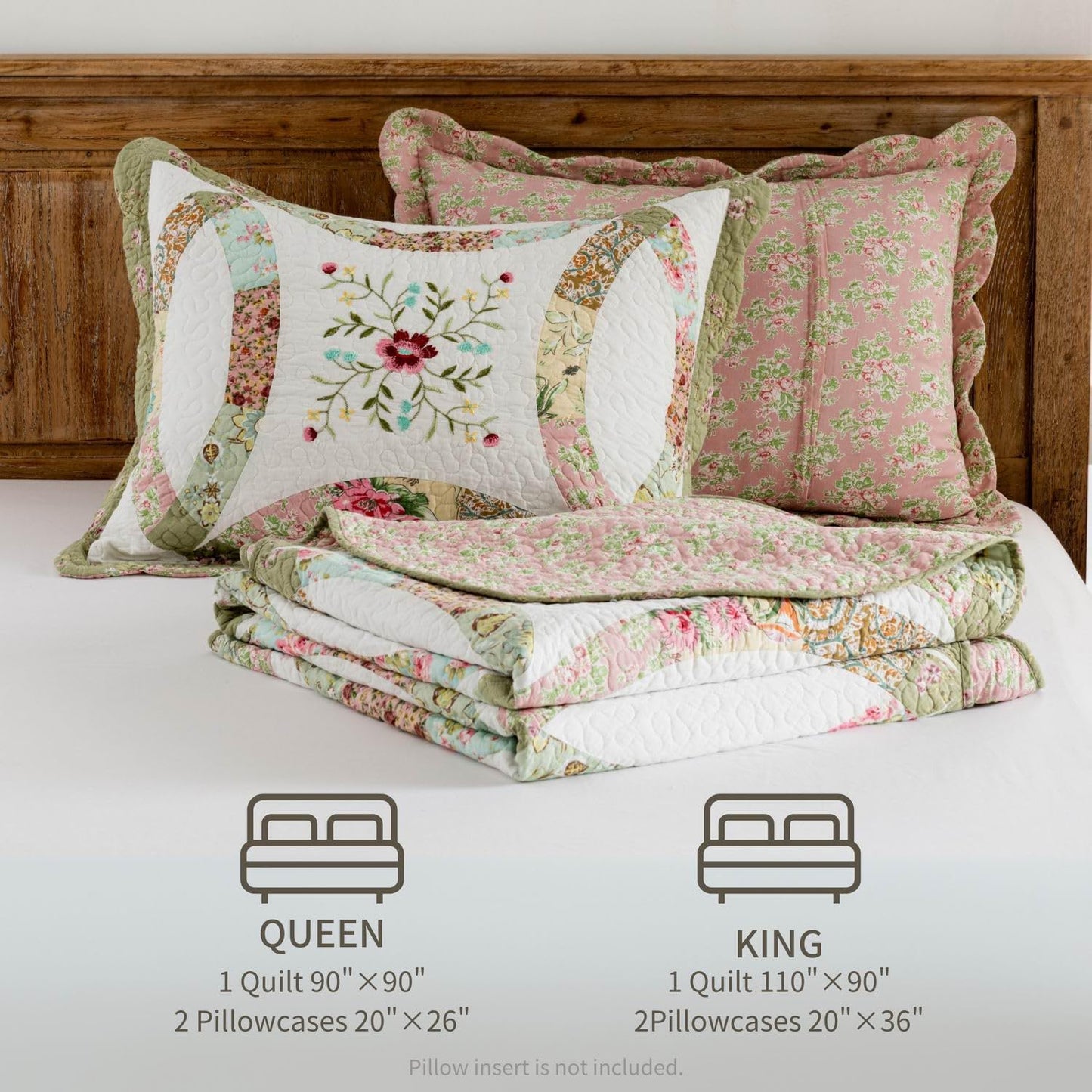 meadow park Cotton Real Patchwork Embroidery Quilt Set 3-Piece. 100% Washed Cotton. 461 Hand Cut Patches. Embroidery and Allover Quilting. Reversible Coverlet Set. (King)