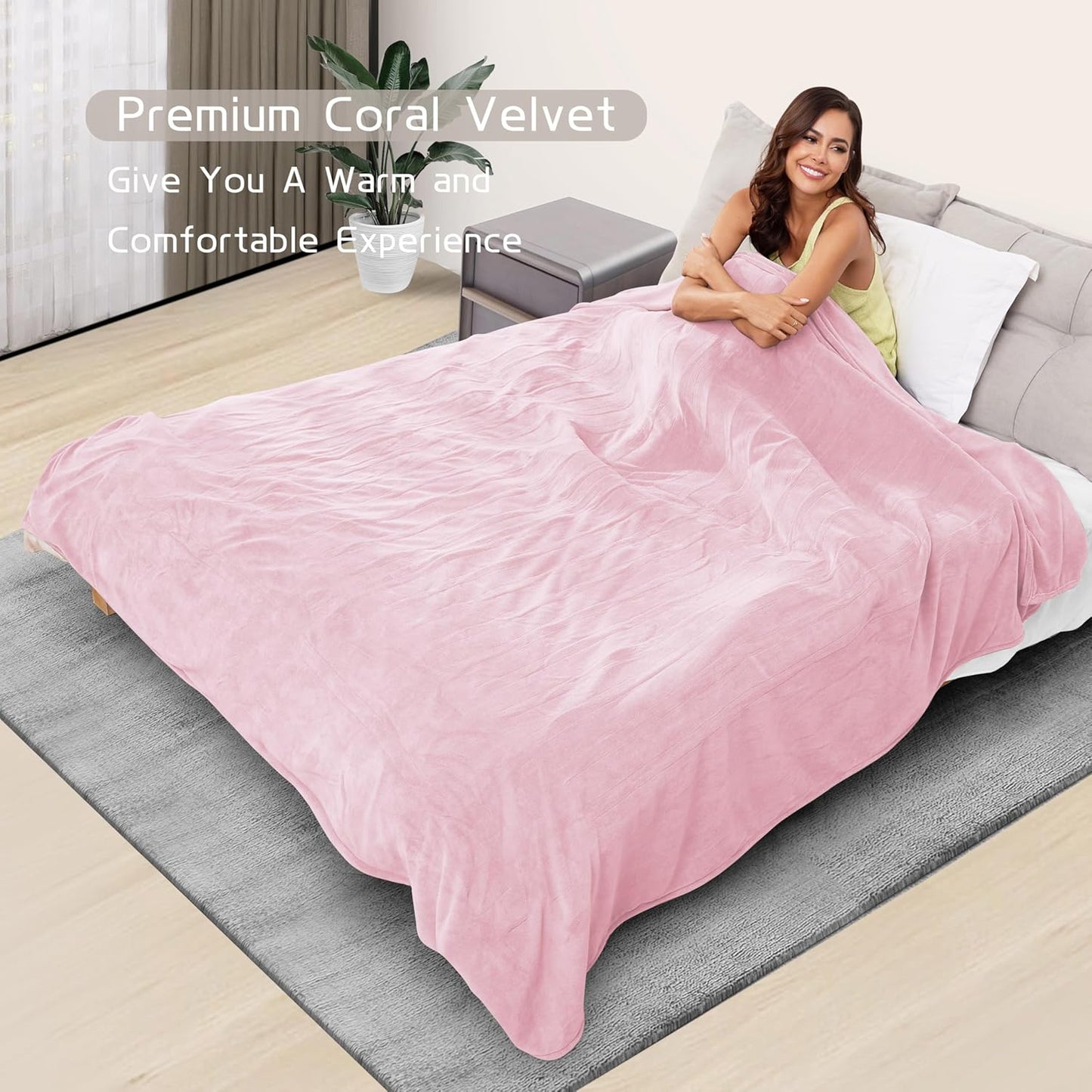 Electric Heated Blanket 90"x100" King Size, Soft Coral Fleece, Dual Controllers with 4 Heating Levels and 10 Hours Auto-Off, Machine Washable, Cozy Plush Fabric for Home, Pink