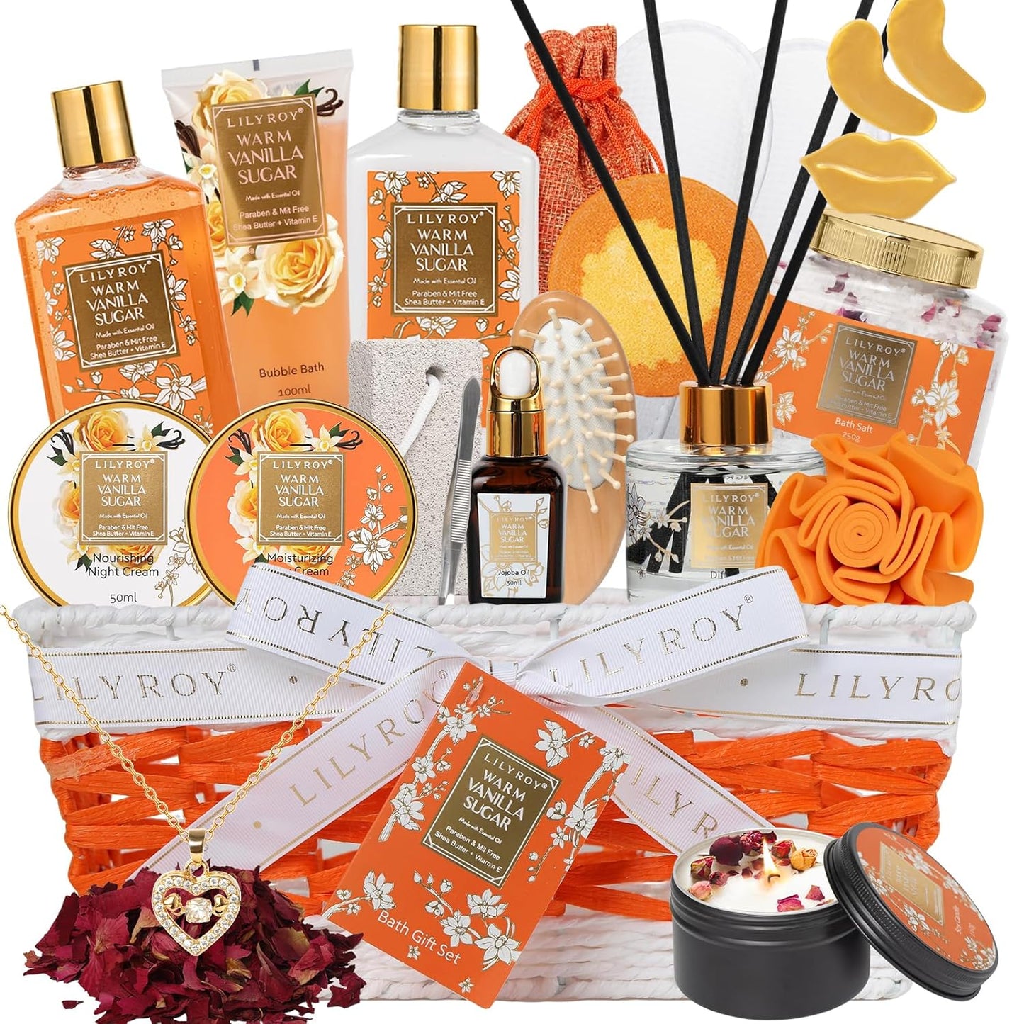 Christmas Gifts for Women - 21-Piece Luxury Vanilla Sugar Bath and Body Spa Gift Basket Set for Women Self Care Kit with Necklace, Bath Bomb | Valentine's Day, Mothers Day Gifts for Mom, Wife