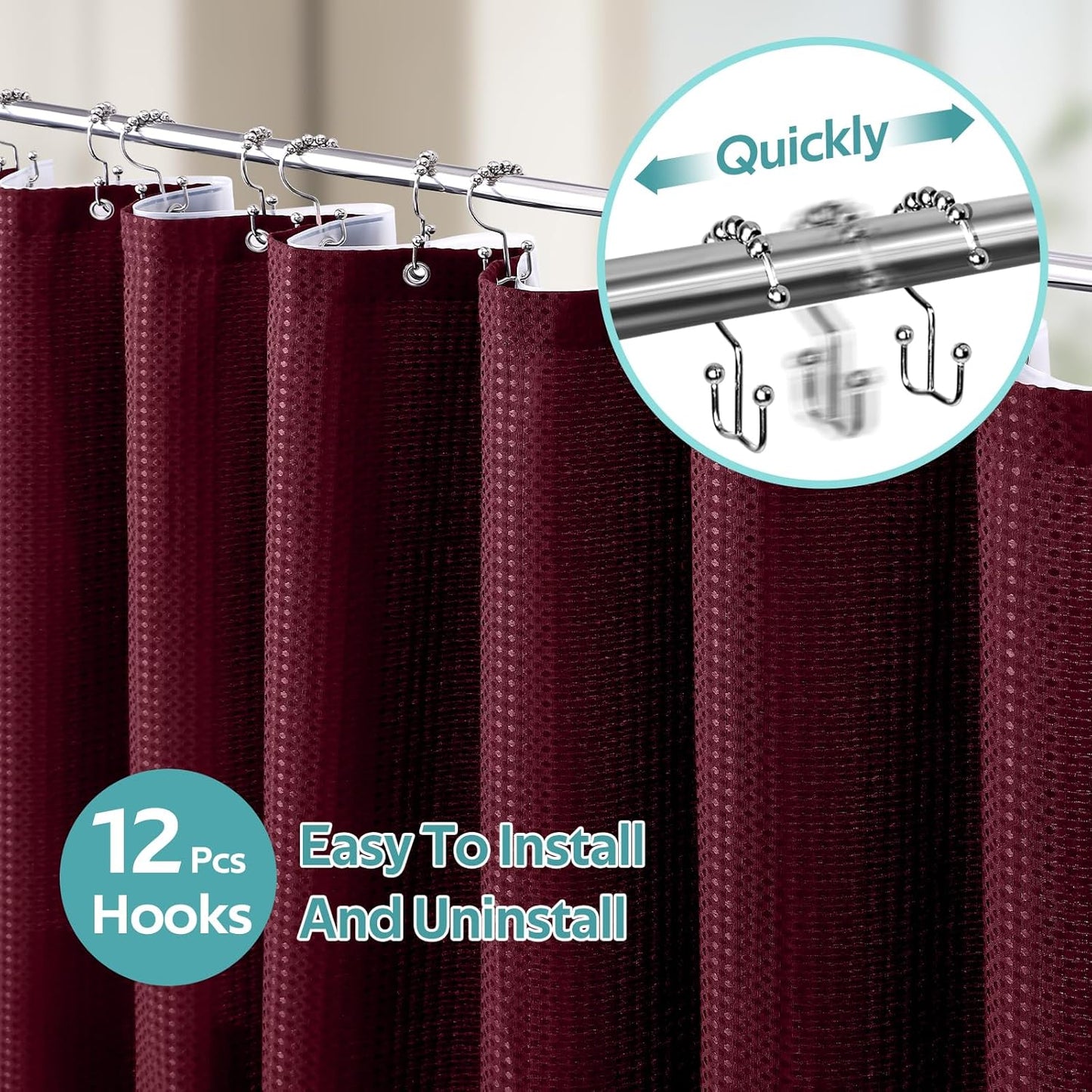 3 in 1 Shower Curtain Set, Waffle Shower Curtain and Liner Set with 12 Double Sided Shower Curtain Hooks, 258GSM Luxury Weighted Cloth Shower Curtains for Bathroom, 72 W x 72 H, Burgundy
