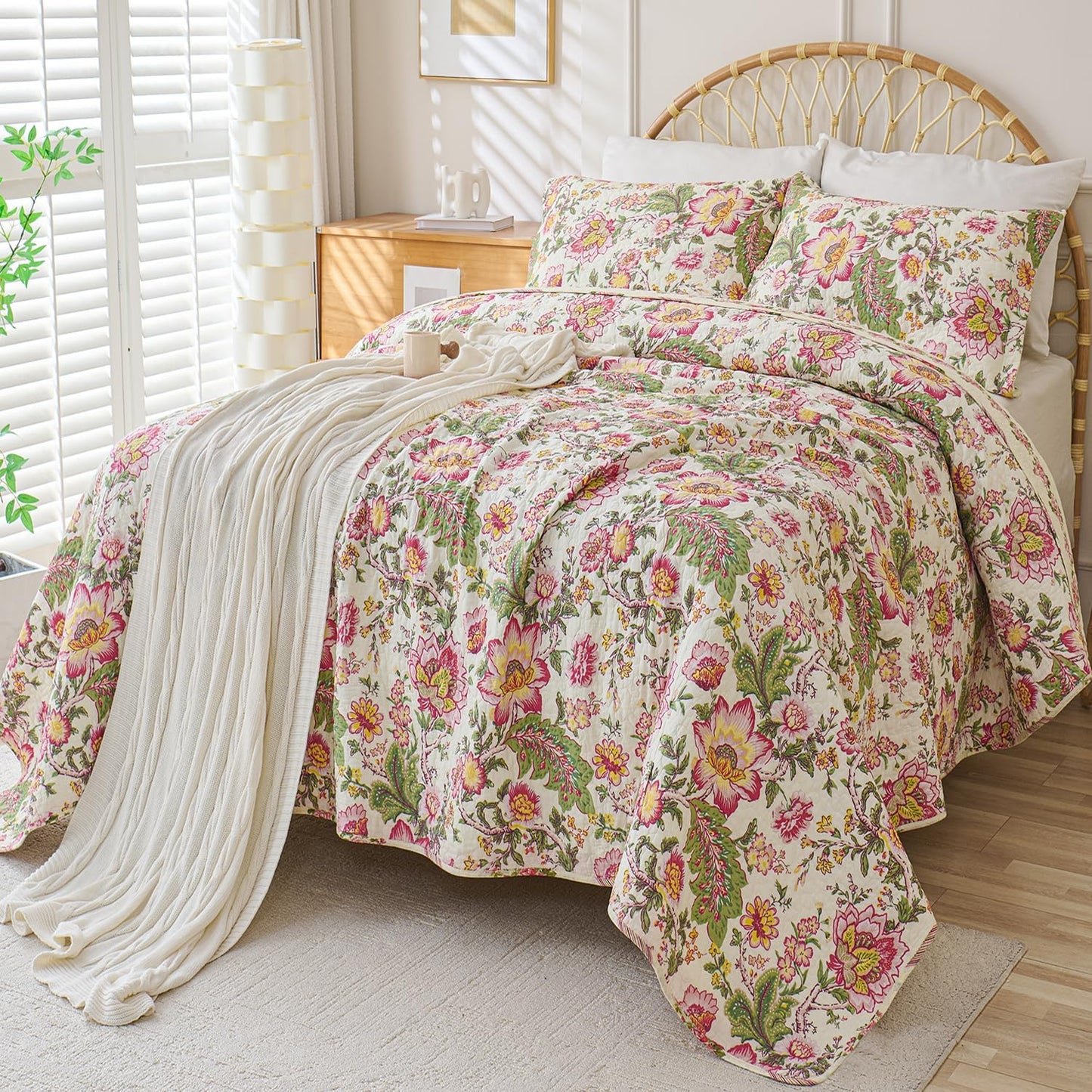 Cmfshape Floral Quilt Sets Bedspread Set 100% Cotton Bedding Set, All Season Use Lightweight Reversible Coverlet Quilts with 2 Pillow Shams(King 106"x96")