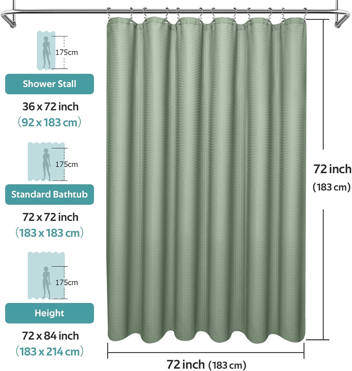 3 in 1 Shower Curtain Set, Waffle Shower Curtain and Liner Set with 12 Double Sided Shower Curtain Hooks, 258GSM Luxury Weighted Cloth Shower Curtains for Bathroom, 72 W x 72 H, Sage Green