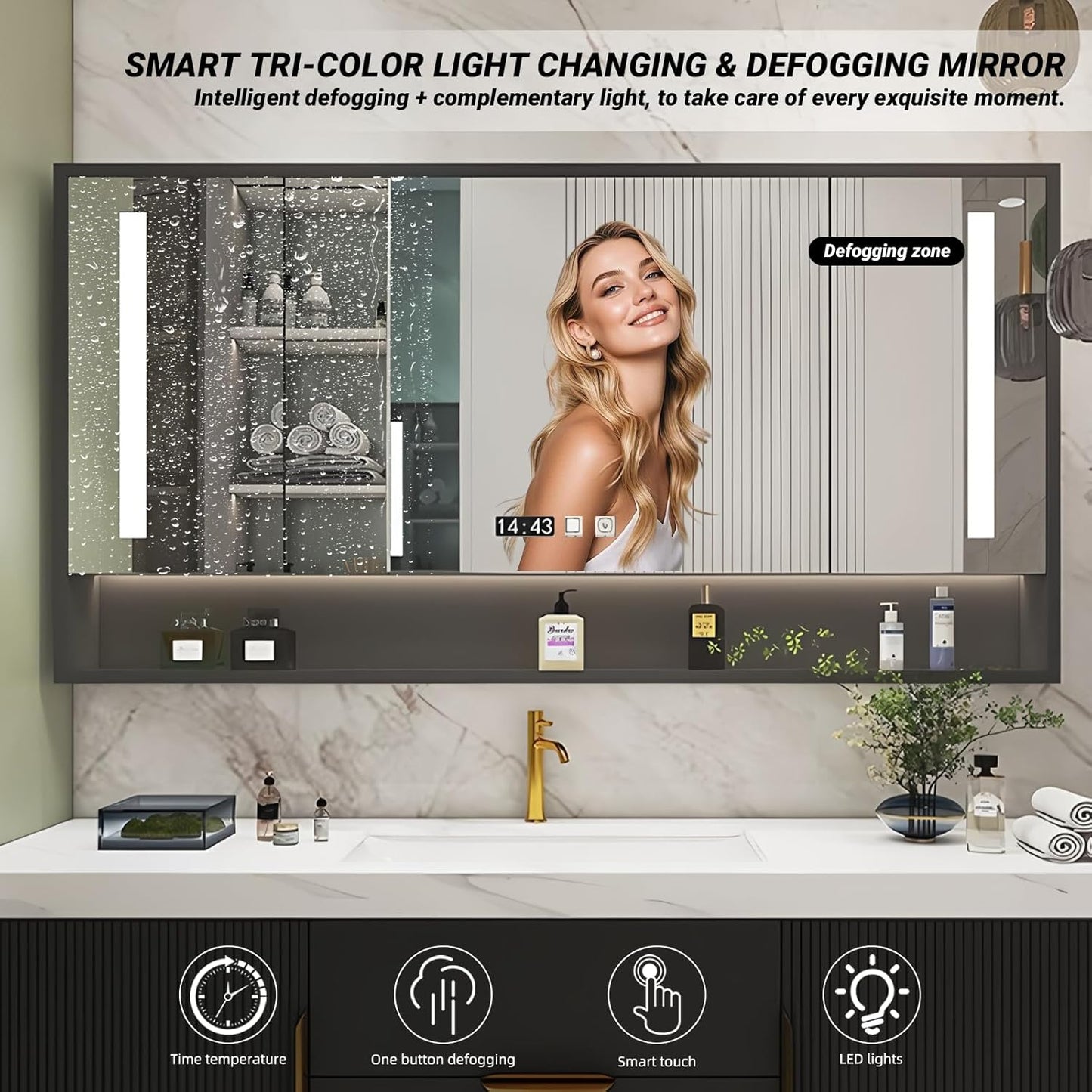 Bathroom Vanity with Double Sink, Modern Bathroom Vanities Compo Includes LED Smart Defogging Mirror Cabinet and Open Shelf, Solid Wood Bathroom Sink Vanity with Slate Countertop (Dark Grey,60")