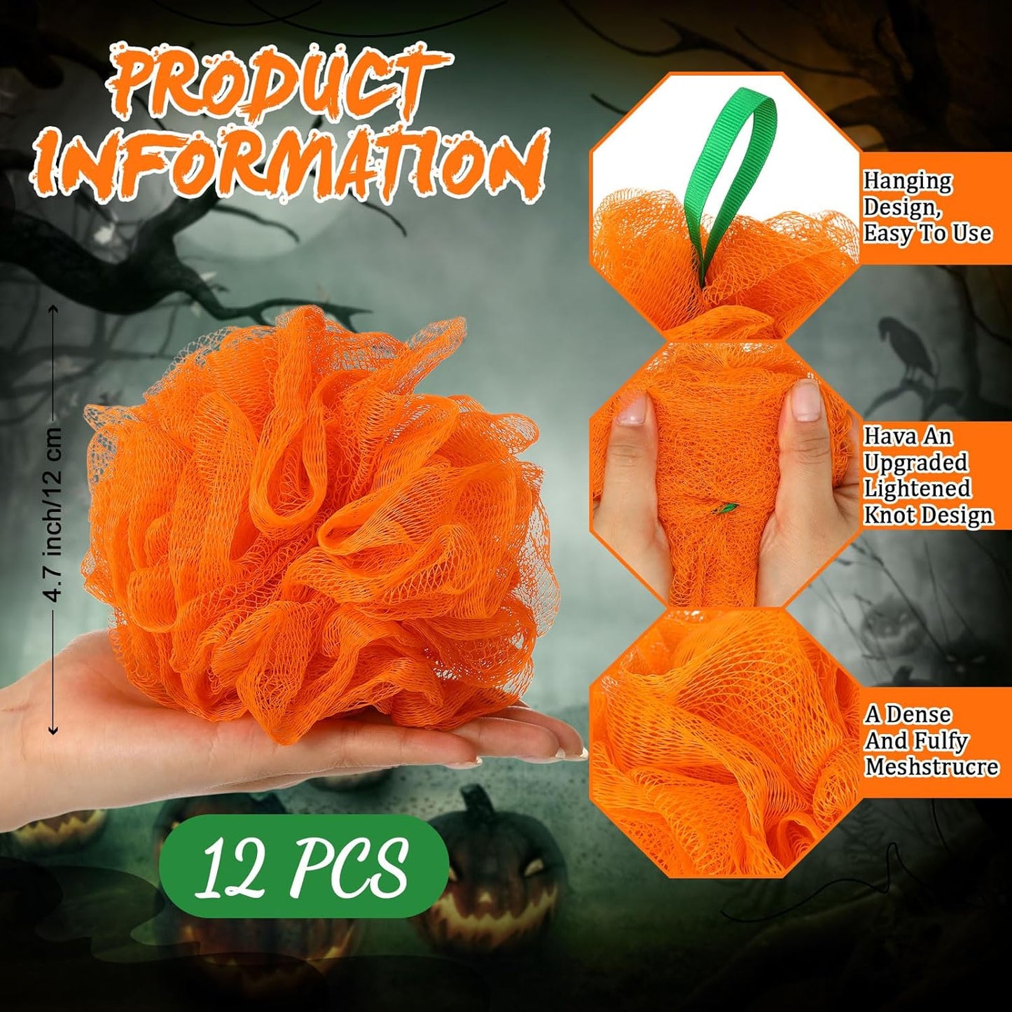 12 Pcs Thanksgiving Bath Loofah Sponge Orange Harvest Loofah Exfoliating Body Scrubber Shower Sponge 50g Mesh Shower Pouf Balls Gift Set for Women Men Bathing Accessories(Orange)