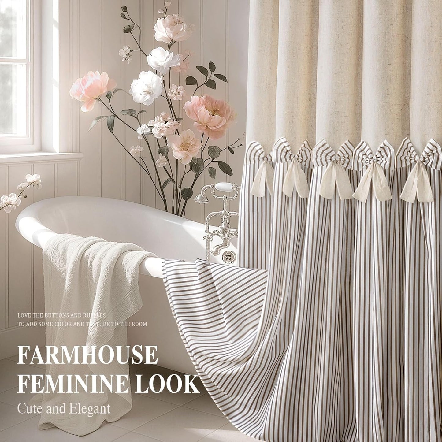 Farmhouse Shower Curtain Linen Beige Bow Woven Fabric Country Rustic Western, Pleated Brown Stripe 72" W x 72" L
