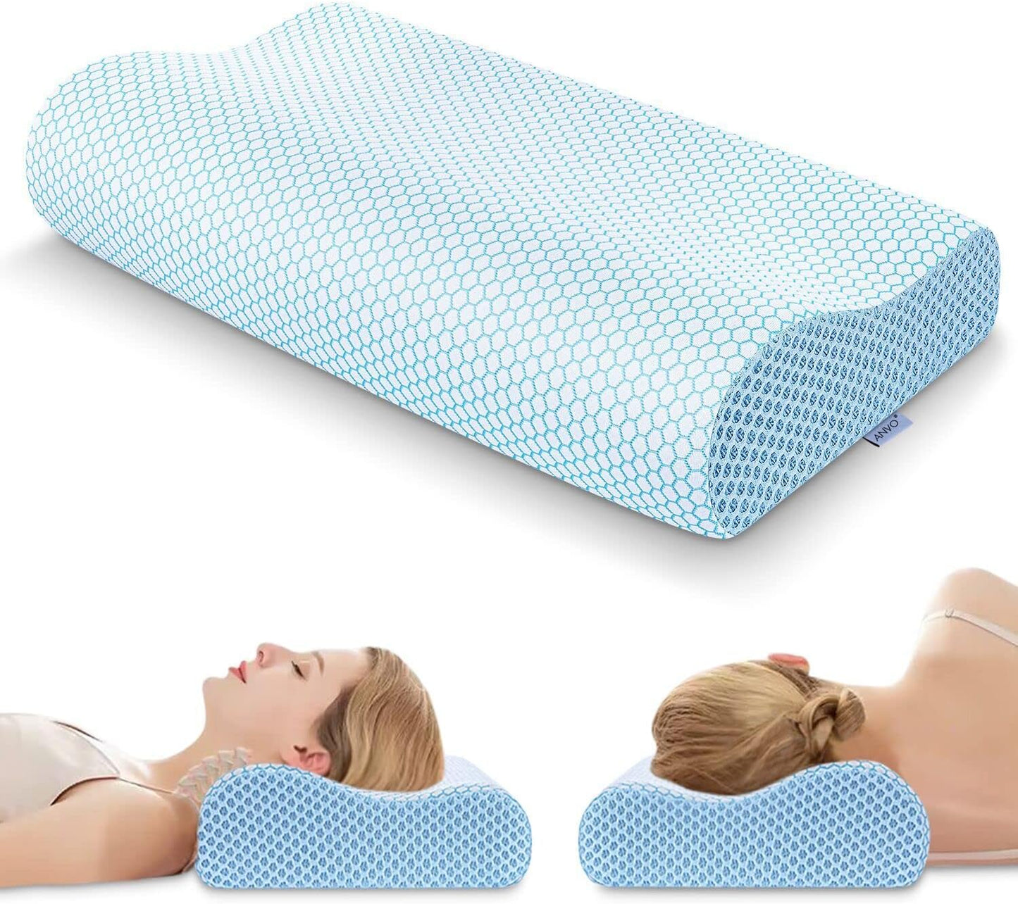 Anvo Memory Foam Pillow, Neck Contour Cervical Orthopedic Bed Pillow for Sleeping Side Back Stomach Sleeper, Ergonomic Design for Neck and Shoulder Pain Relief, Cyan, Firm
