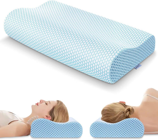 Anvo Memory Foam Pillow, Neck Contour Cervical Orthopedic Bed Pillow for Sleeping Side Back Stomach Sleeper, Ergonomic Design for Neck and Shoulder Pain Relief, Cyan, Firm