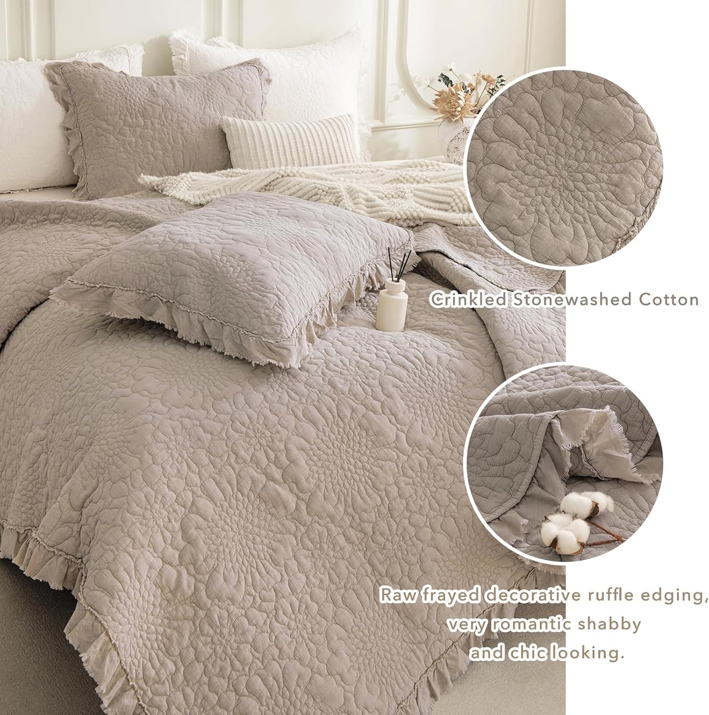 QSH 3PCs Stonewashed Cotton Oversized King Quilt Bedspread Set(128"x120"),Linen Feel Farmhouse Ruffled Bedspread California King,Shabby Soft Lightweight Crinkle Quilt Coverlet Bed Set for All Seasons