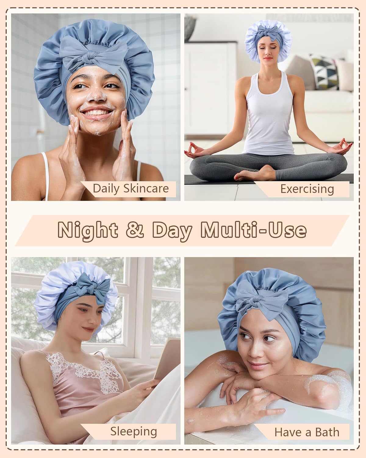 AWAYTR Women Satin Bonnet for Sleeping - Double Layer Silk Hair Bonnet with Elastic Tie Band for Braids Curly Hair