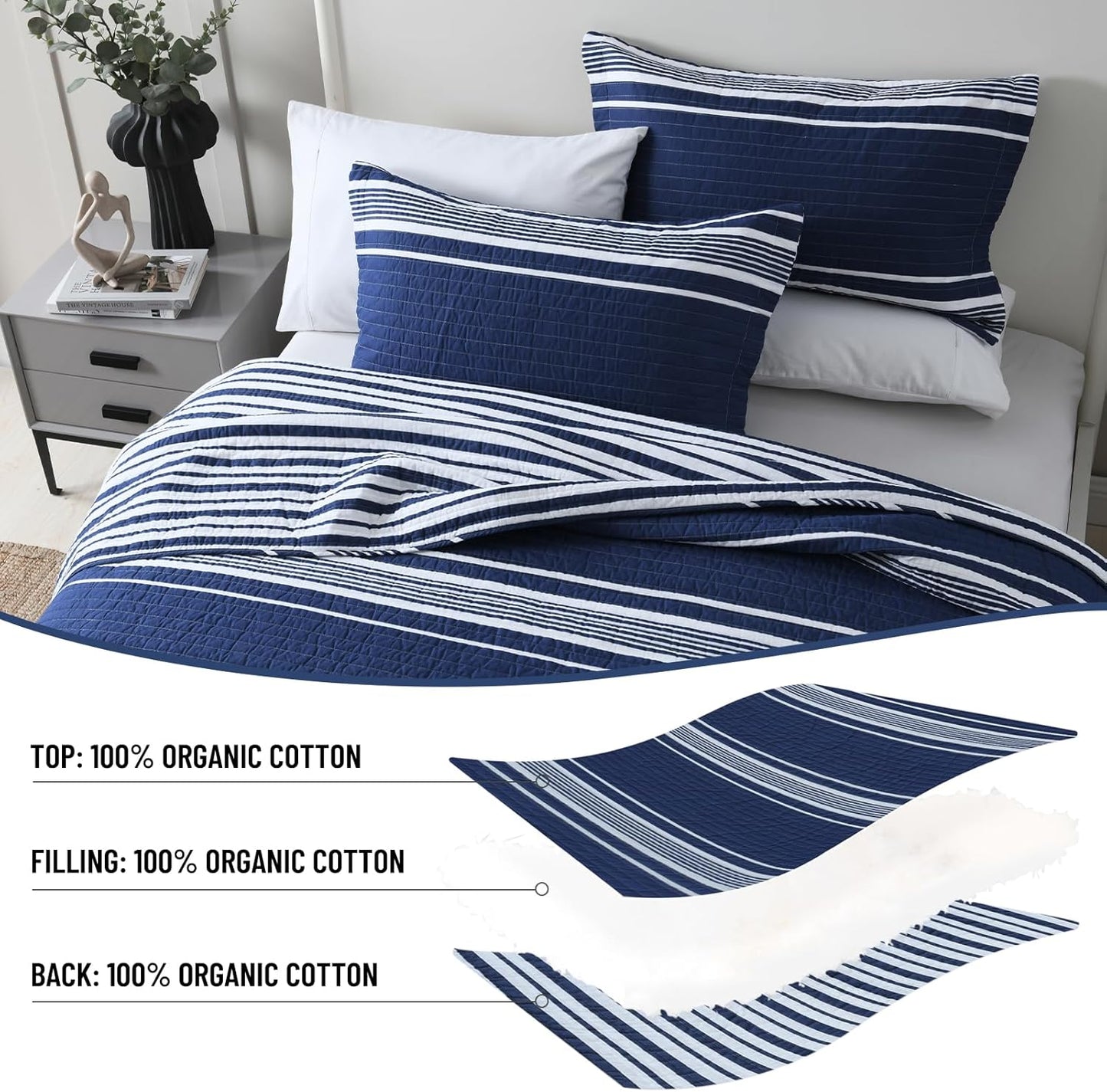 Striped King Size Quilt - 100% Cotton Navy Blue White Striped Modern Boys Men Unisex Quilt Bedspread for King Bed, Lightweight Reversible Quilted Bedding Set with 2 Pillow Shams for All Season