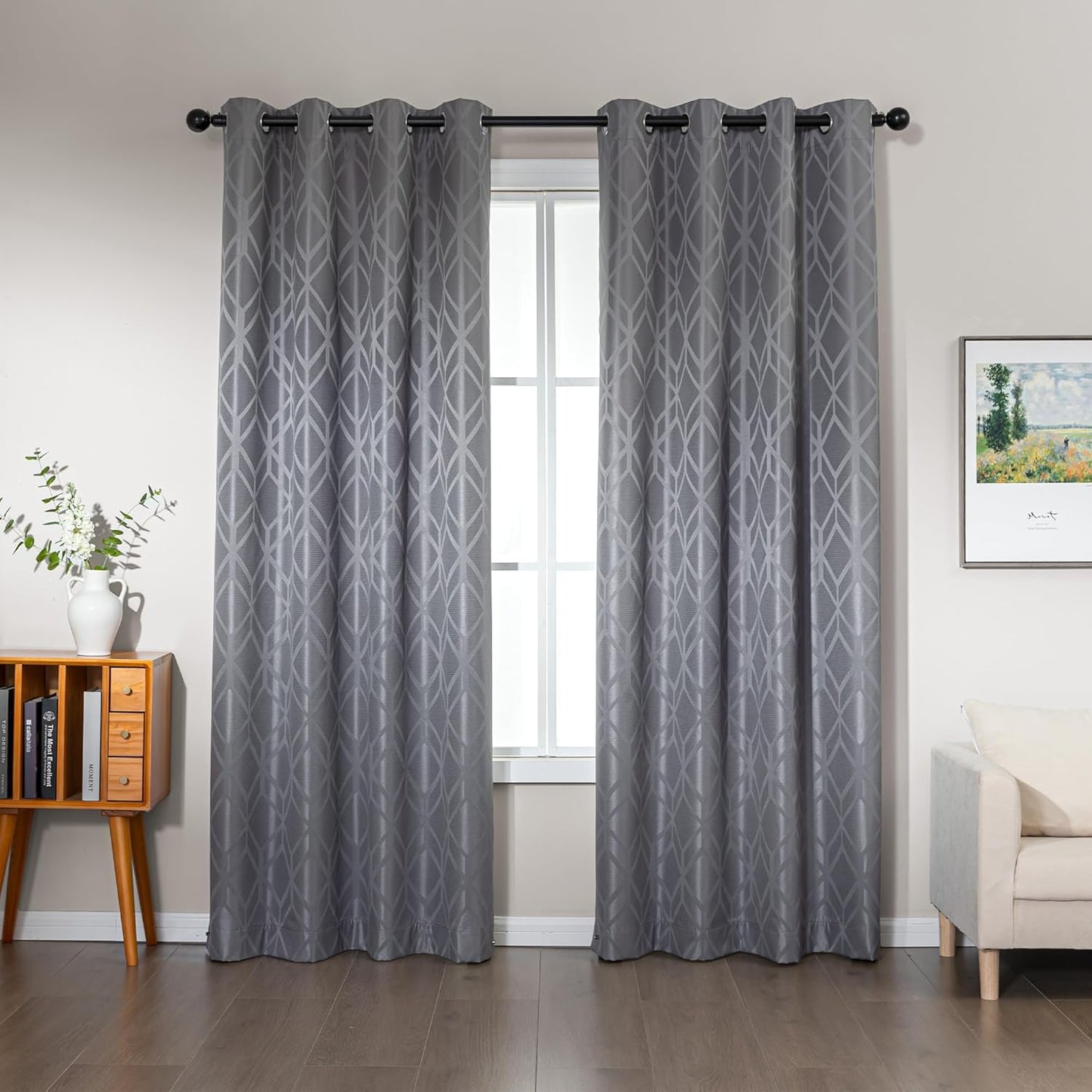Amazon Basics Jacquard 2-Piece 100% Blackout Curtains, Living Room and Bedroom Drapes, Thermal Insulated Window Treatment, 42"x84", Grey