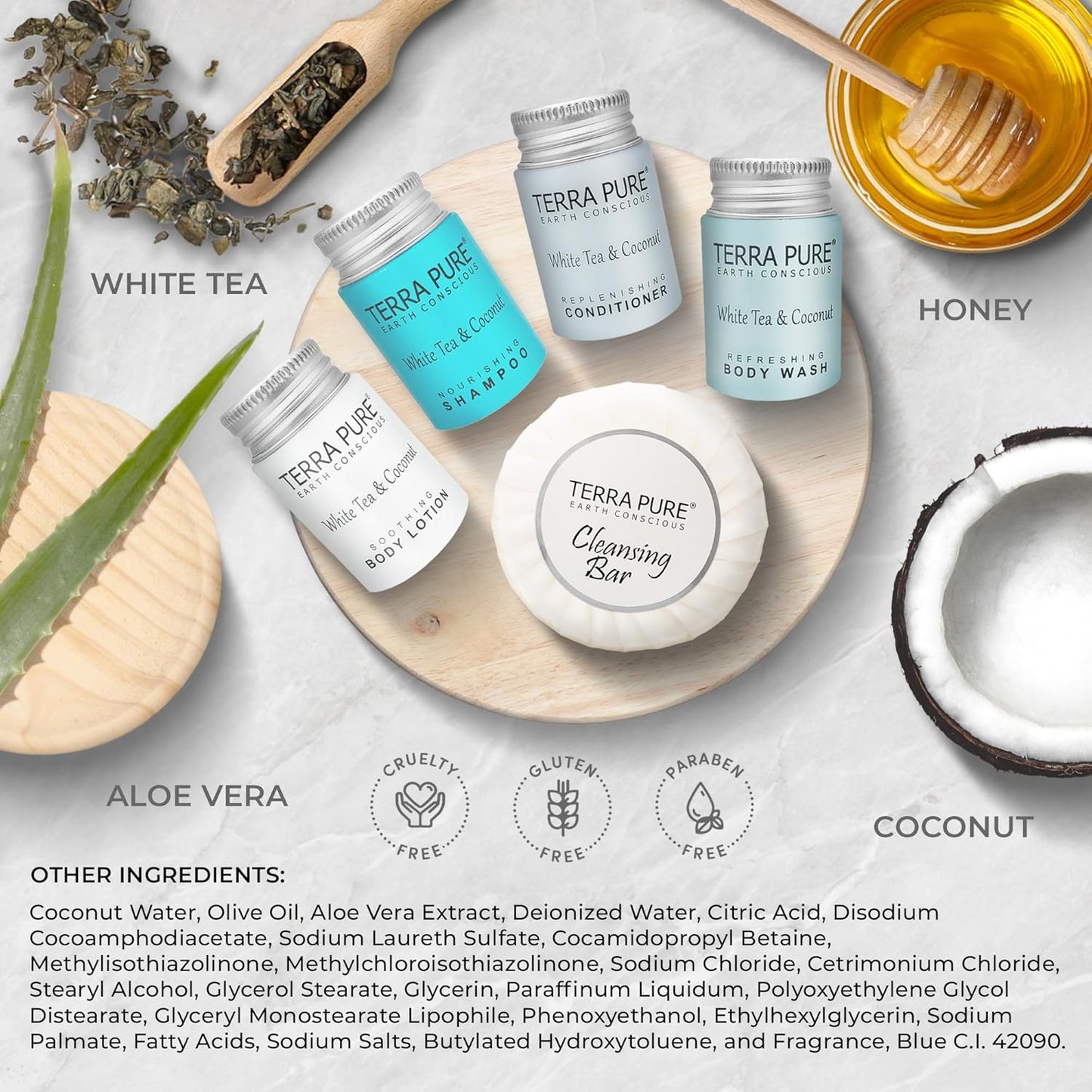 Terra Pure White Tea & Coconut Amenity Kit | Hotel Bulk Toiletries | 1 oz Shampoo, Conditioner, Lotion, Body Wash, Cleansing Bar for Guest Hospitality Vacation Rentals | 60 Sets/Case