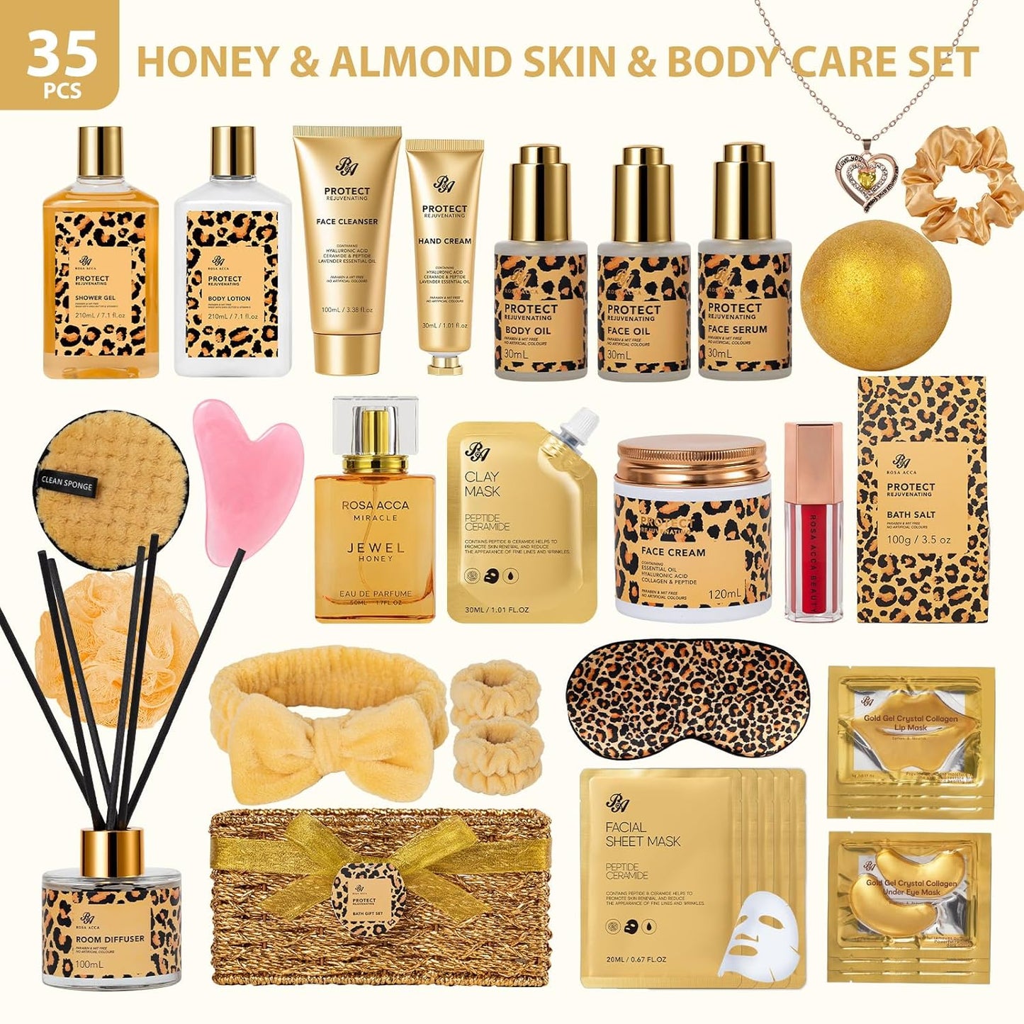 35 Pcs Christmas Gifts For Women, Honey & Almond Bath & Body Gift Basket, Face Skin Care Kit, Home Spa Gift Set, Self-Care Kit, Necklace, Bath Bomb, Birthday, Valentines, Mother Day, Anniversary